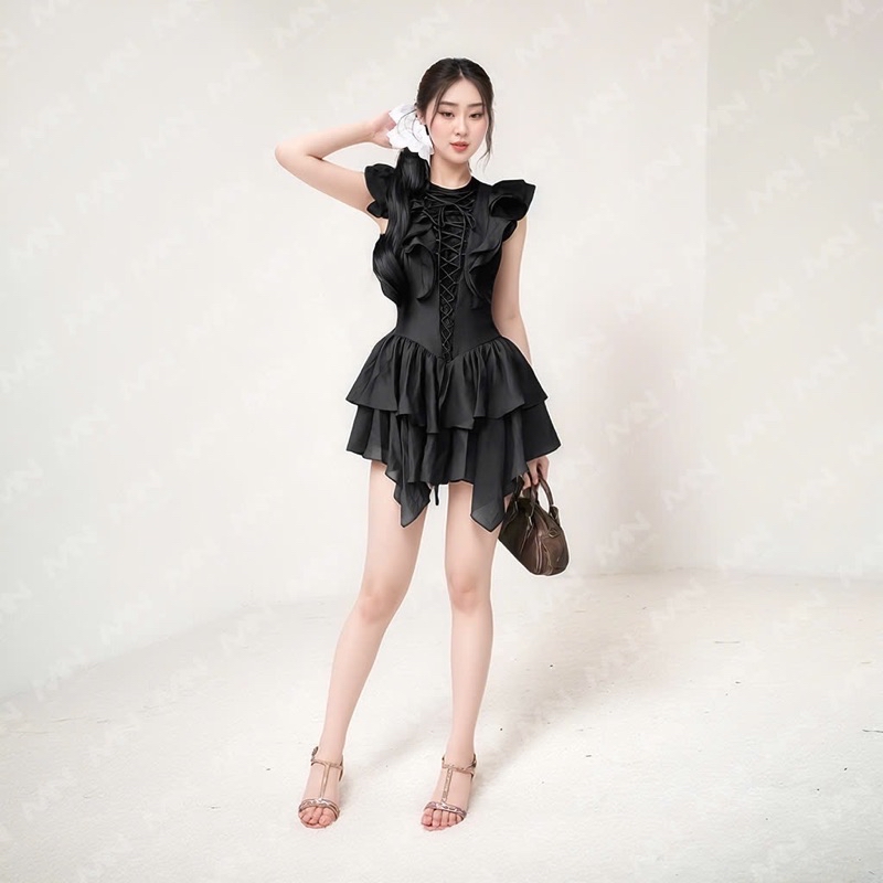 Mô tả Váy tiểu thư MINA thiết kế cổ tròn dáng xoè bèo chất liệu Cotton phối lụa  - MN296 - 4