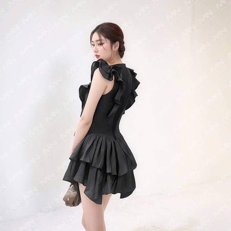 Mô tả Váy tiểu thư MINA thiết kế cổ tròn dáng xoè bèo chất liệu Cotton phối lụa  - MN296 - 5