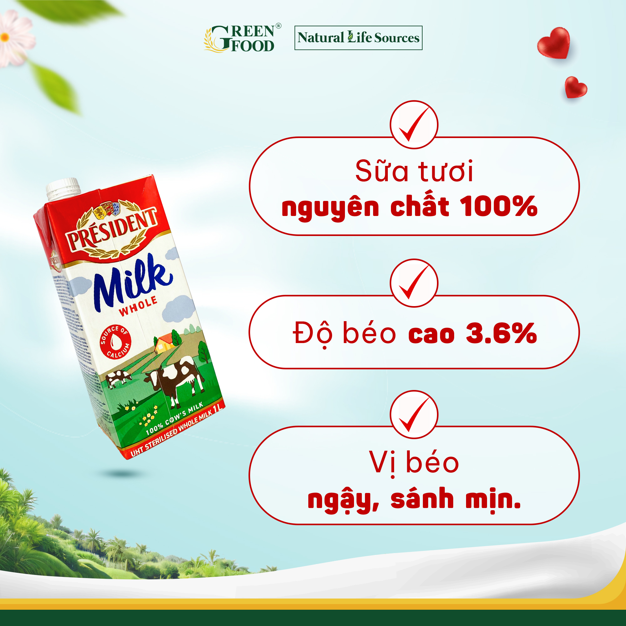 Mô tả Sữa Tươi Tiệt Trùng President Nguyên Kem Không Đường 1L - Độ Béo 3.6% Nhập khẩu Pháp - 2