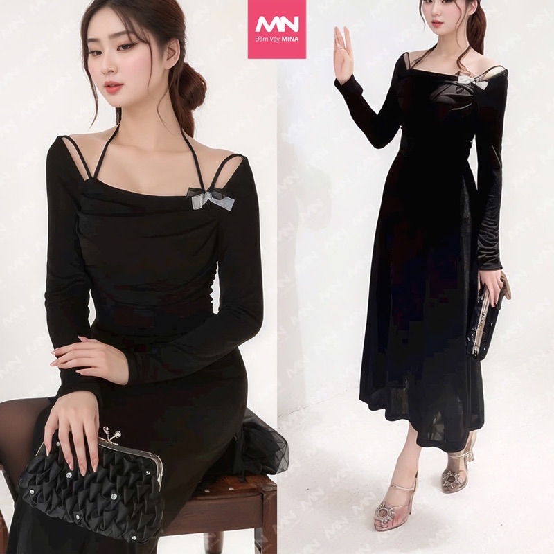 Mô tả Đầm dự tiệc Mina dài tay dáng ôm midi quyến rũ sang trọng chất Thun Lazong màu đen - MN257 - 1