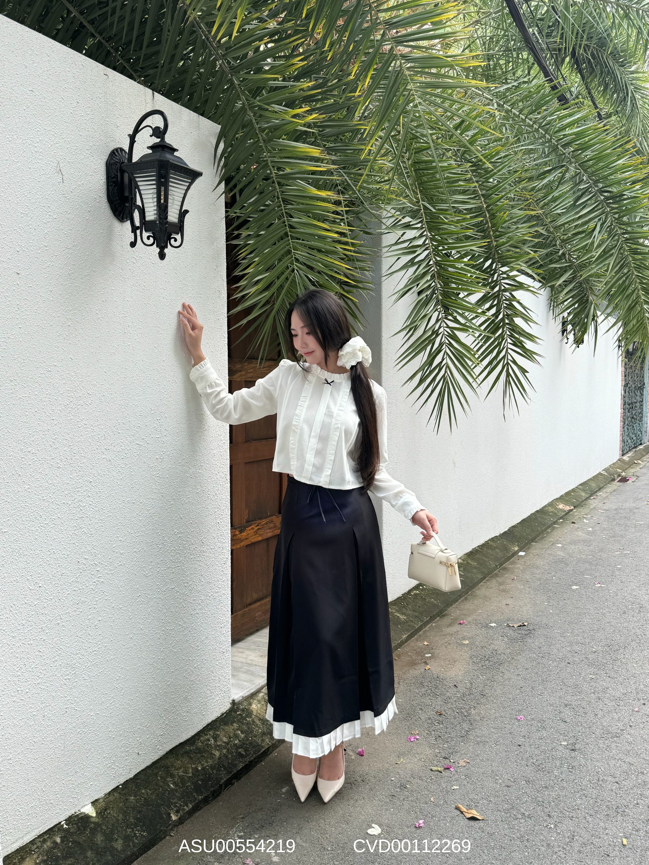 Mô tả Chân váy chữ A dài phối nơ VMSTYLE, chân váy form xòe xếp ly phối lai CVD00112 - DATELINE - 5