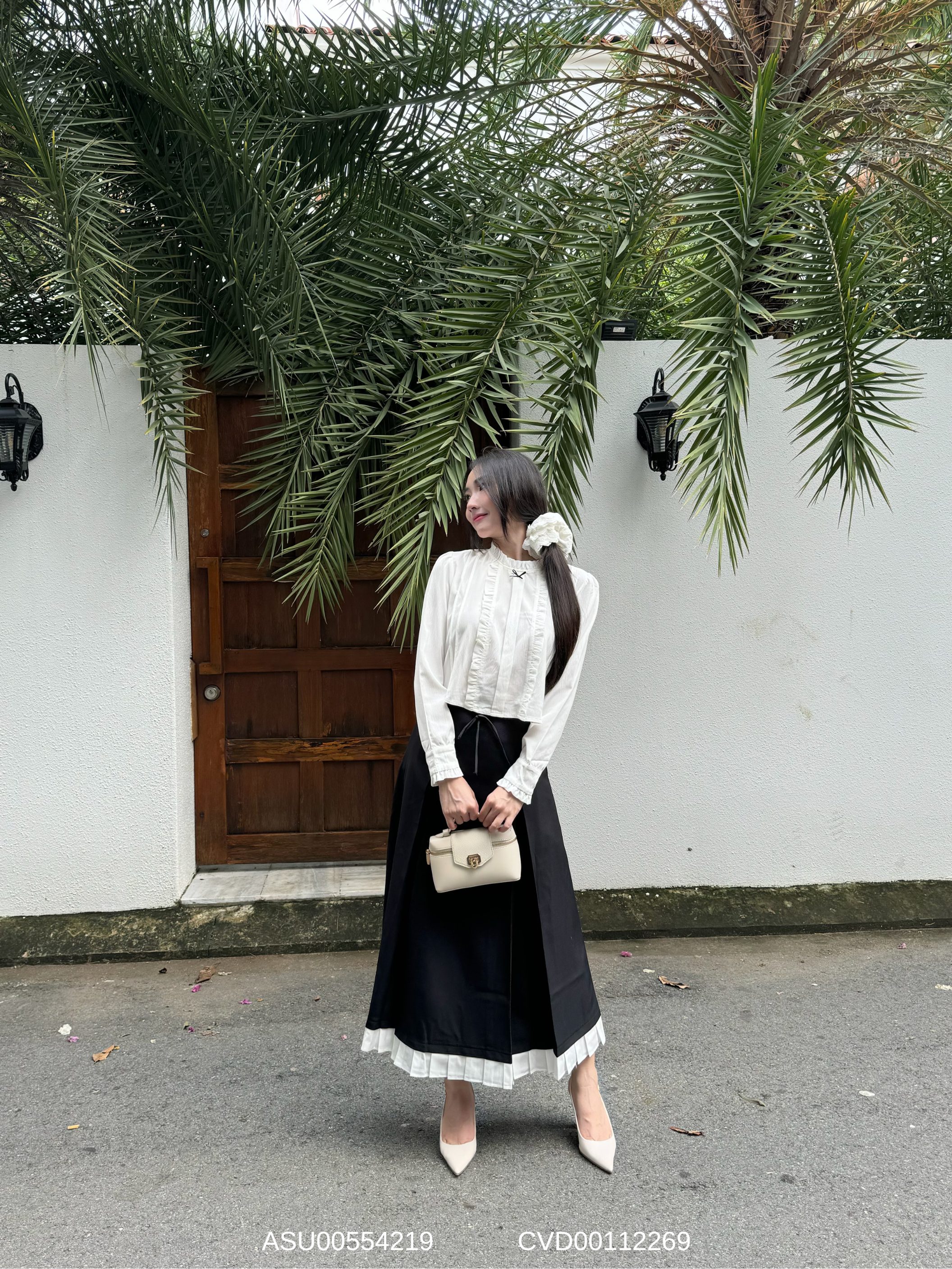 Mô tả Chân váy chữ A dài phối nơ VMSTYLE, chân váy form xòe xếp ly phối lai CVD00112 - DATELINE - 7
