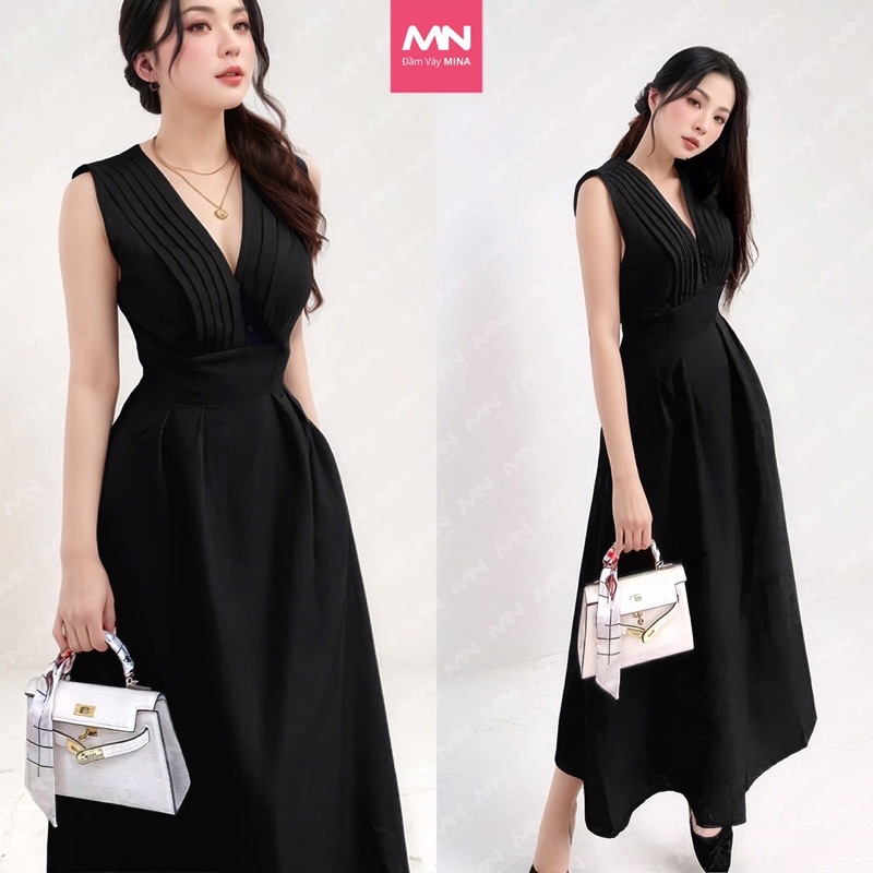 Mô tả Đầm dự tiệc MINA dáng xoè midi cổ chữ V xếp ly ngực sát nách màu đen sang trọng quyến rũ xinh đẹp MN182 - 1