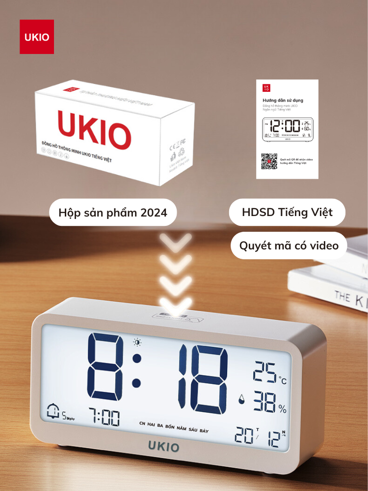 Đồng hồ LED báo thức UKIO màn hình LCD cao cấp đo nhiệt độ, độ ẩm, báo ...