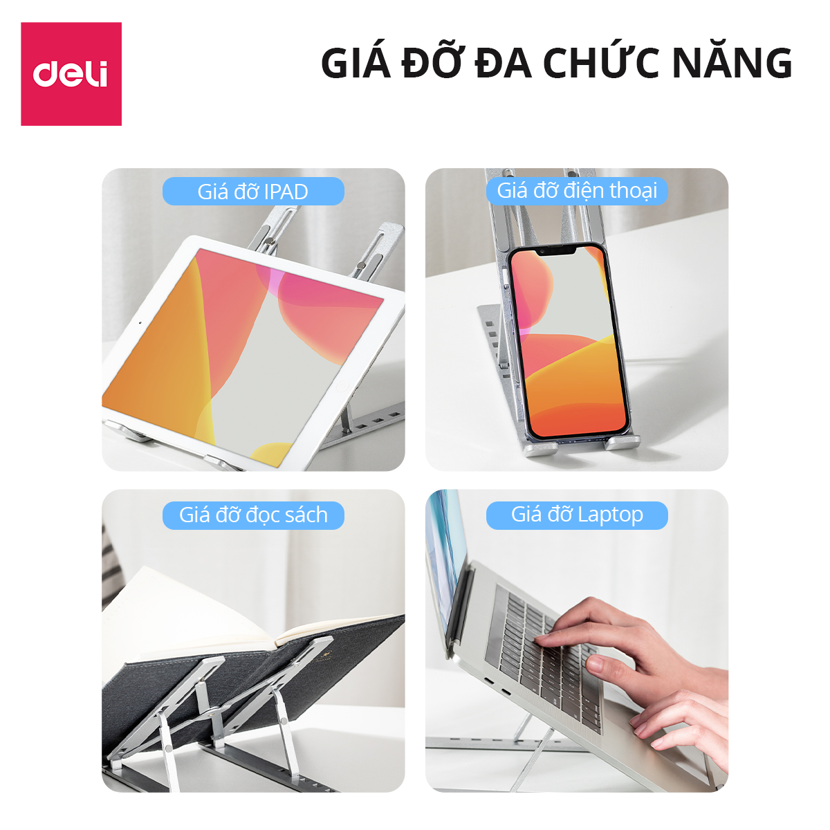 Mô tả Giá Đỡ Laptop Macbook DELI Mới Full Đệm Kệ Máy Tính Đế Tản Nhiệt Kê Laptop Nhôm Điều Chỉnh Độ Cao - 8