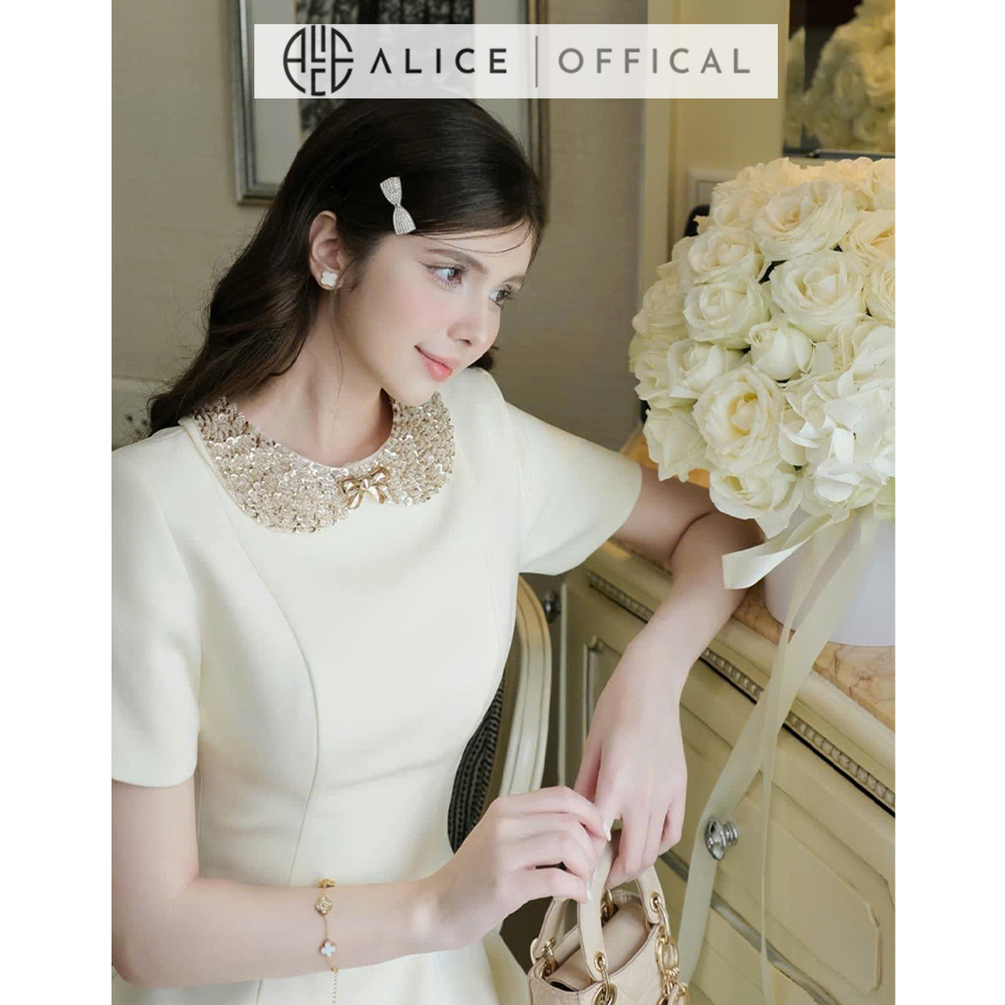 Mô tả Váy Đầm Tiểu Thư Tay Ngắn Dáng Xòe Alice Cổ Xích Đính Đá Chất Liệu Chéo Rubi Có Chiết Eo V1260 Đính Nơ Chân Váy - 3
