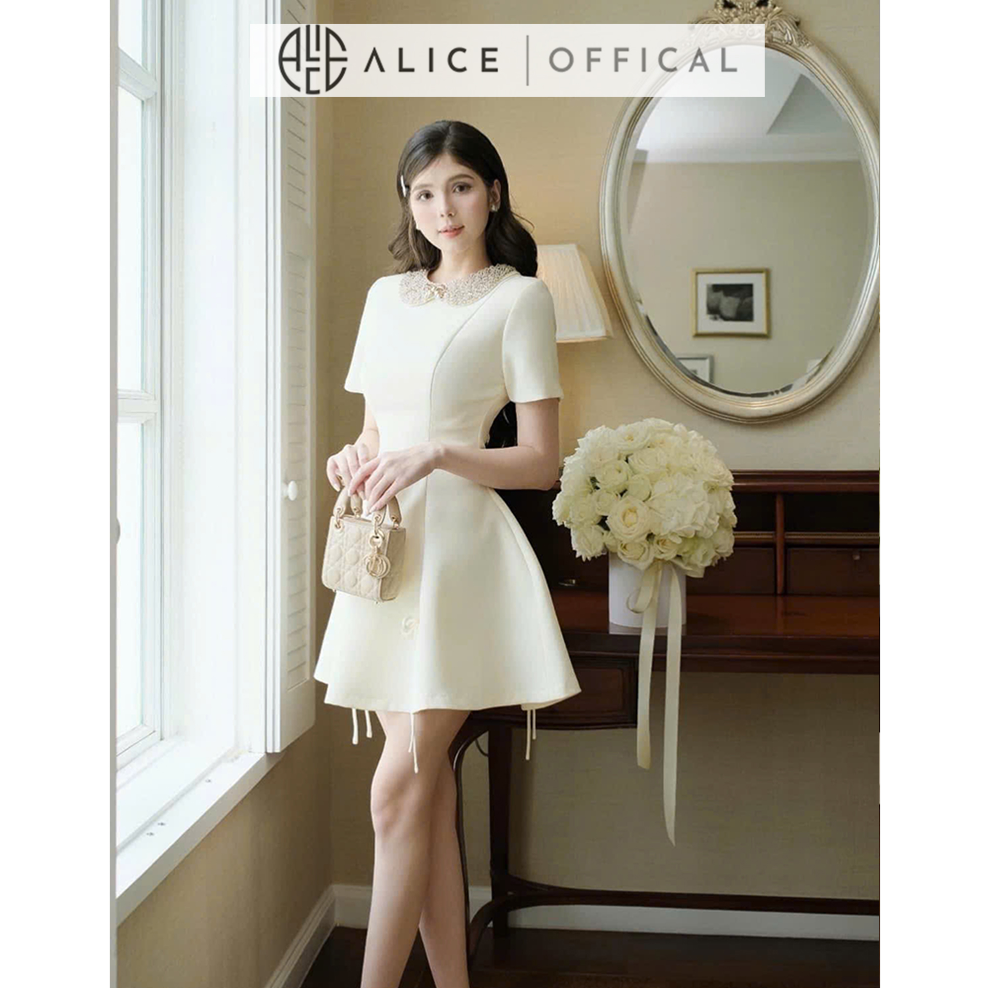 Mô tả Váy Đầm Tiểu Thư Tay Ngắn Dáng Xòe Alice Cổ Xích Đính Đá Chất Liệu Chéo Rubi Có Chiết Eo V1260 Đính Nơ Chân Váy - 4