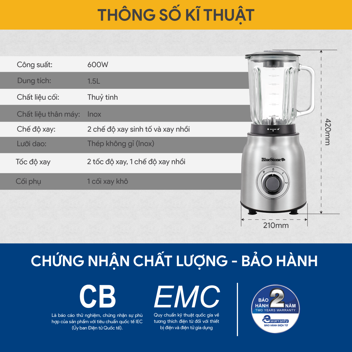 Mô tả Máy Xay Sinh Tố BlueStone BLB-5341 - 1.5 Lít - 600W - Cối Thủy Tinh - 6