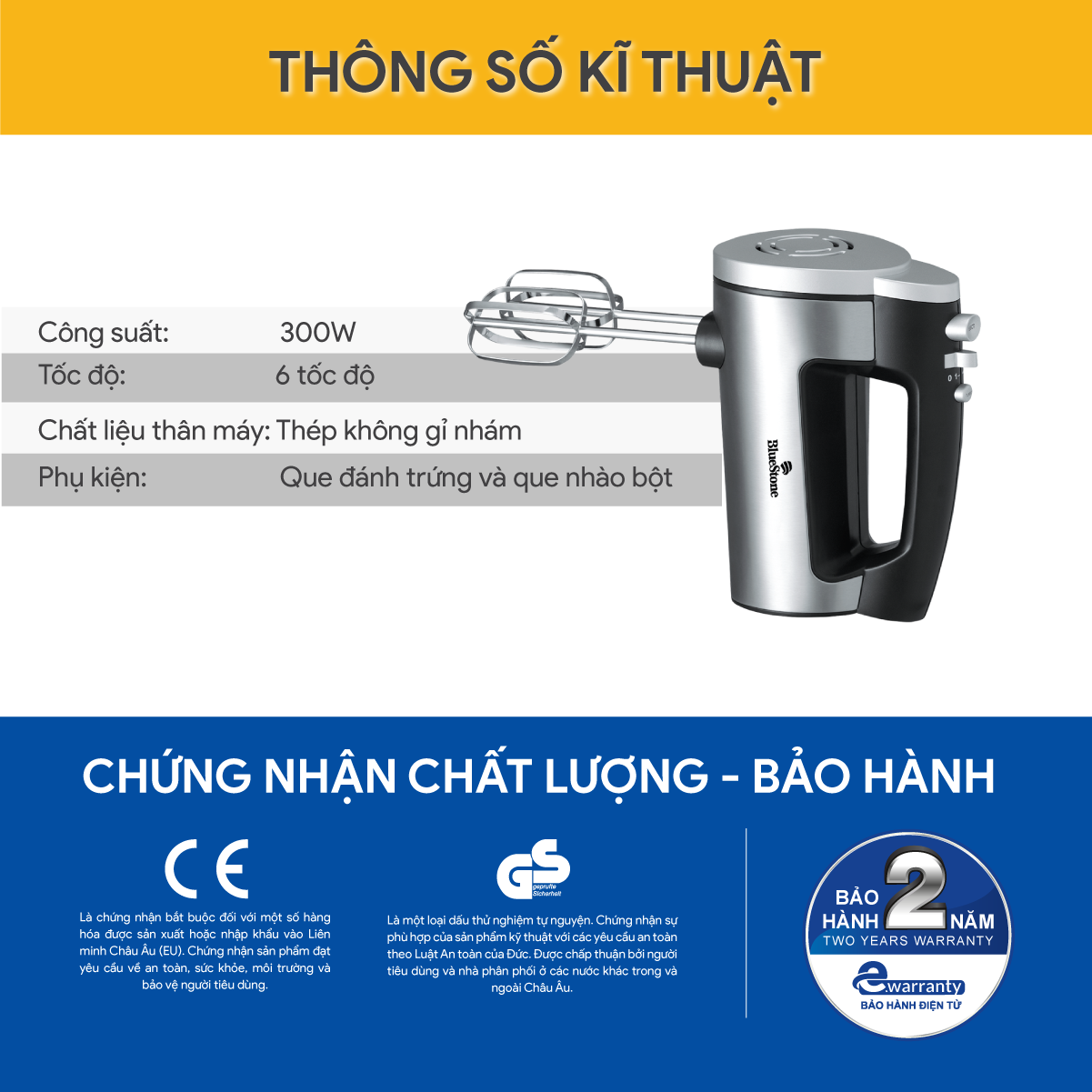 Mô tả Máy Đánh Trứng BlueStone HMB-6333S - 300W - 6 tốc độ - 9