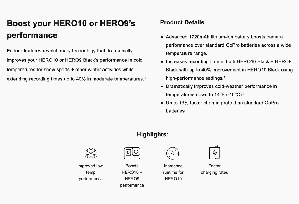 Mô tả GoPro pin Enduro dành cho HERO12/11/10/9 pin lithium-ion 1720mAh - 2