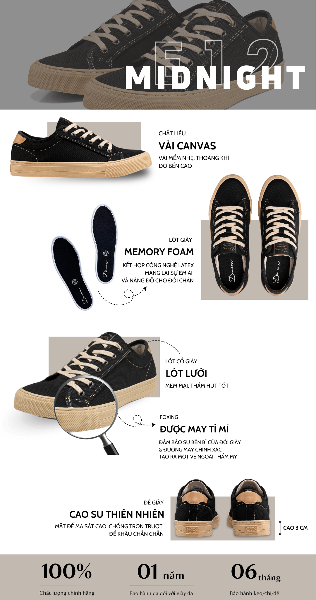 Mô tả Giày Sneaker Nam Nữ Vải Canvas DINCOX E12 Black/Beige Đơn Giản Thanh Lịch - 1