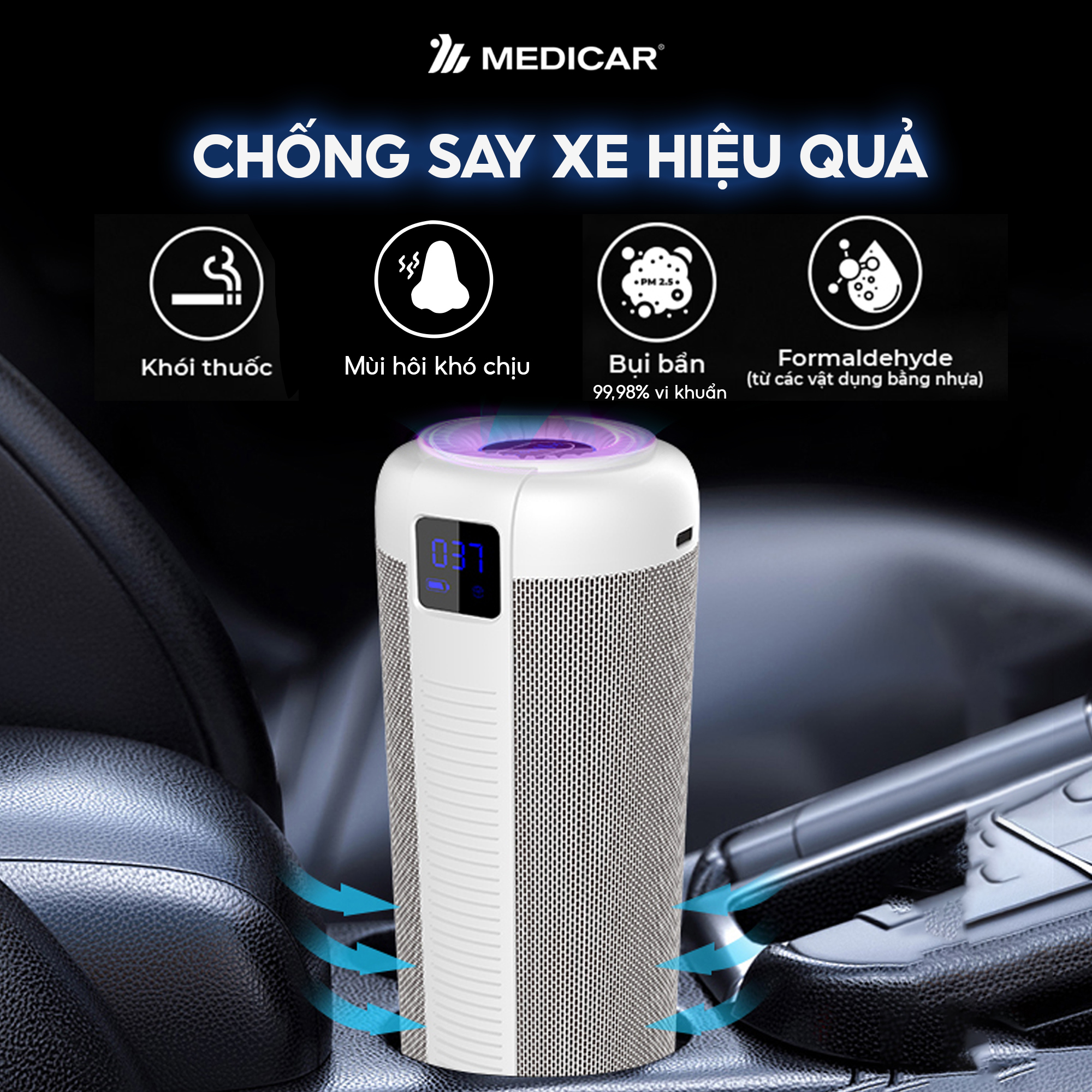 Mô tả Máy lọc không khí ô tô kết hợp tinh dầu Medicar Pro V2 đa năng 4in1, màng lọc Hepa 13 diệt khuẩn UVC - 5