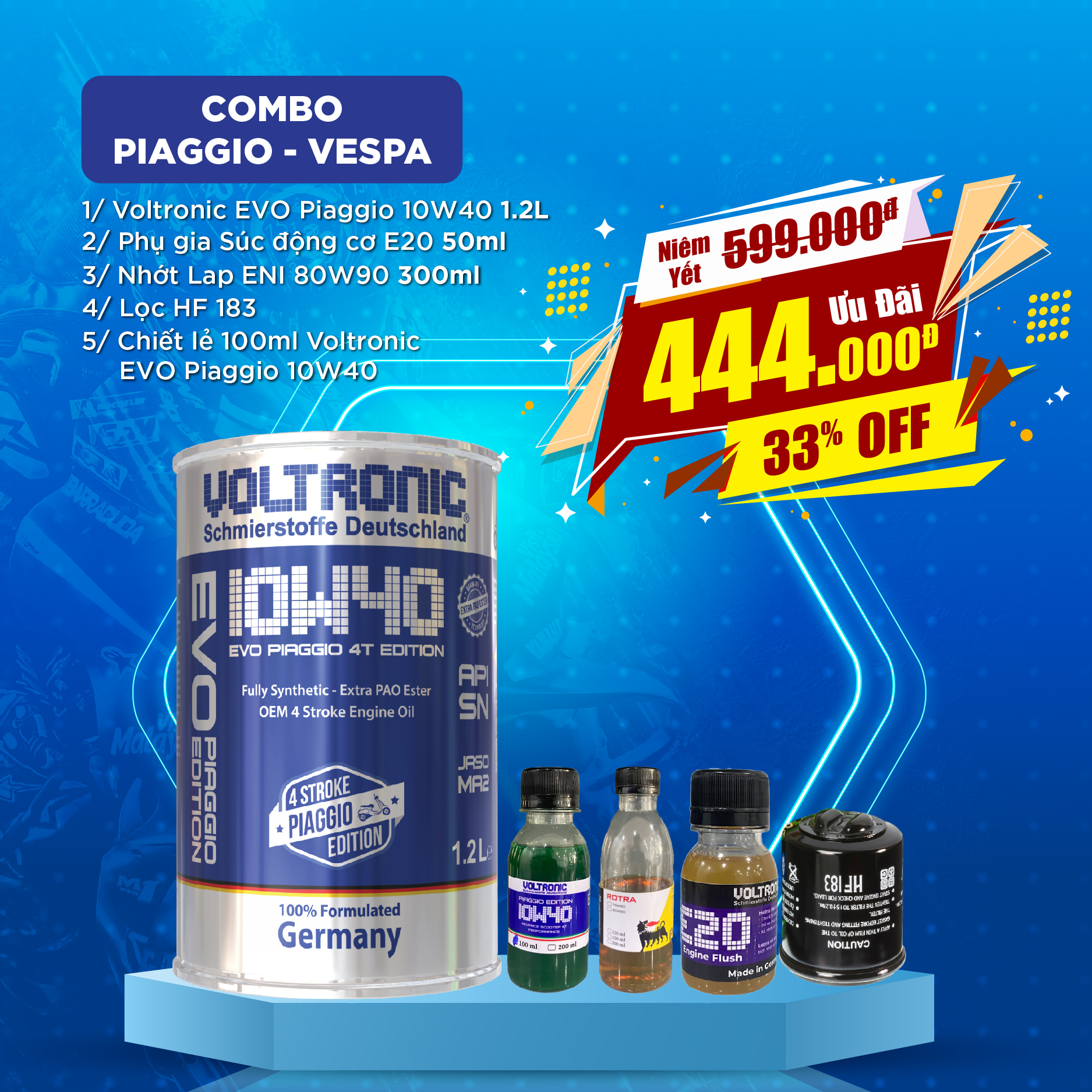 Mô tả Combo Dầu Nhớt Voltronic Vespa Piaggio 1.3L - 1