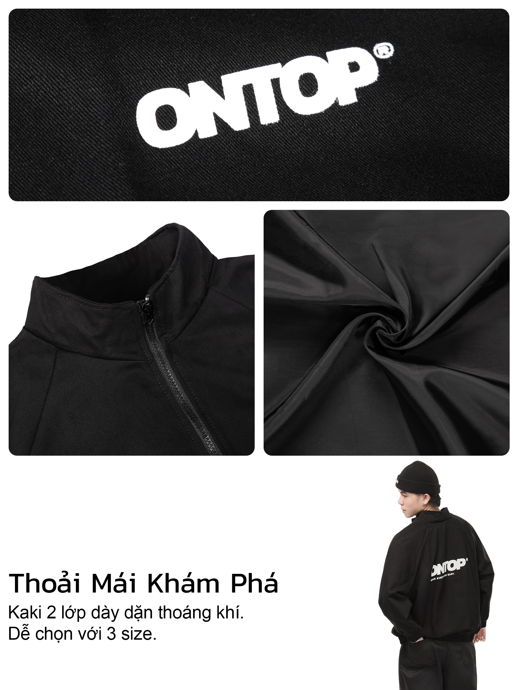 Áo khoác kaki khóa kéo 2 chiều ONTOP có túi trong màu đen local brand ...