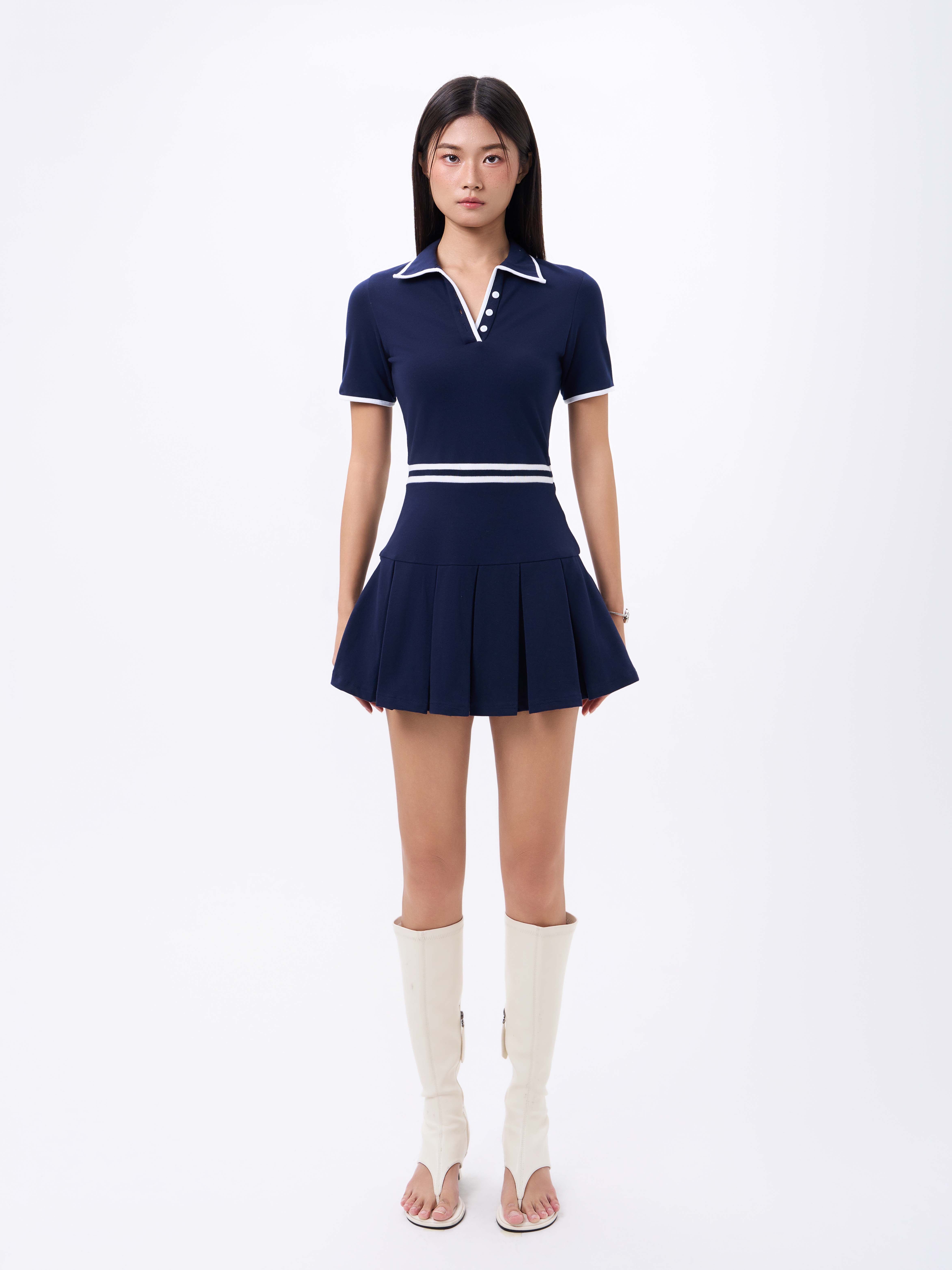 Mô tả RECHIC Đầm xòe ngắn Kane cổ polo tà xếp ly dáng chiết eo tay ngắn năng động - 4