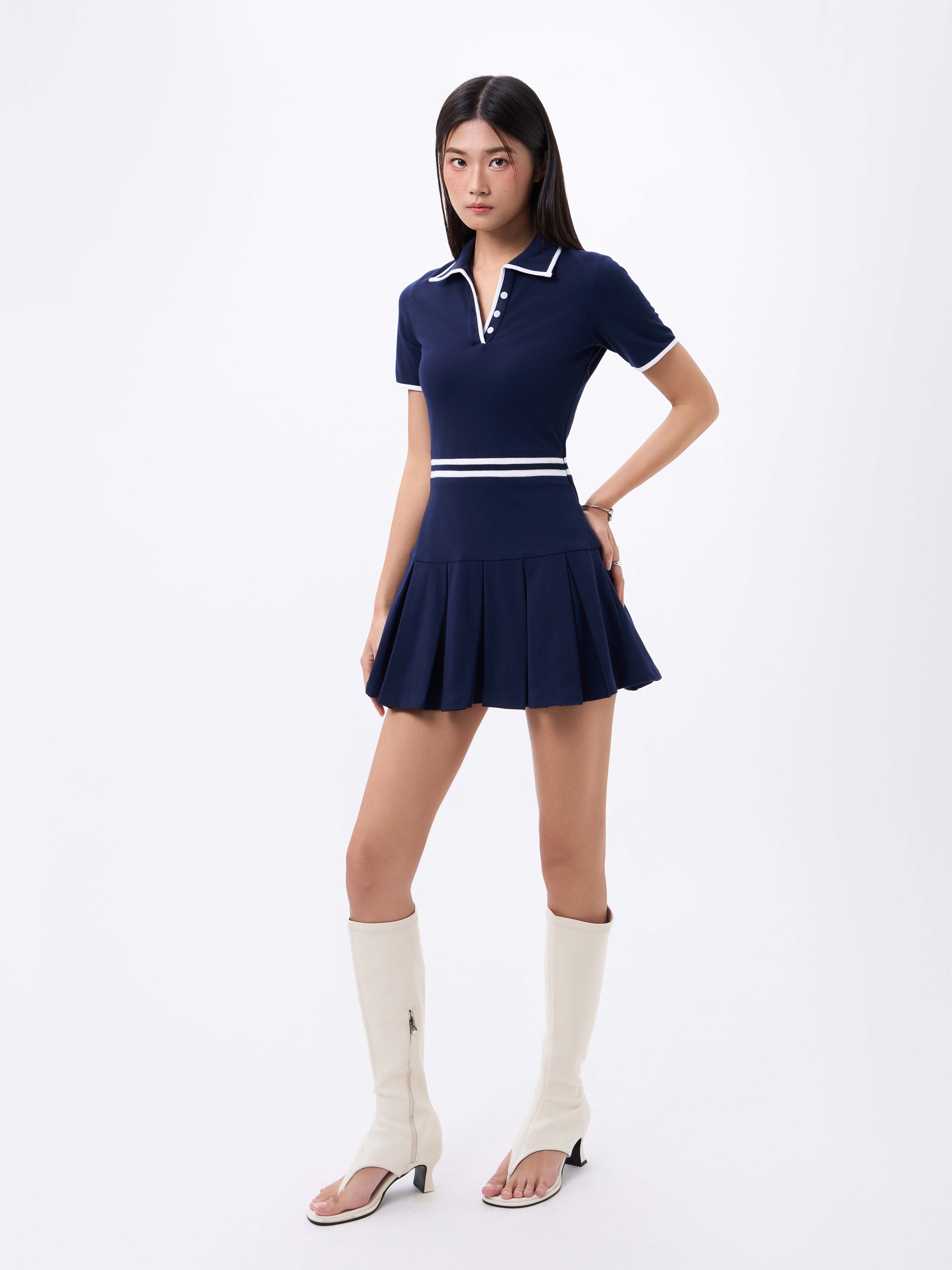 Mô tả RECHIC Đầm xòe ngắn Kane cổ polo tà xếp ly dáng chiết eo tay ngắn năng động - 8