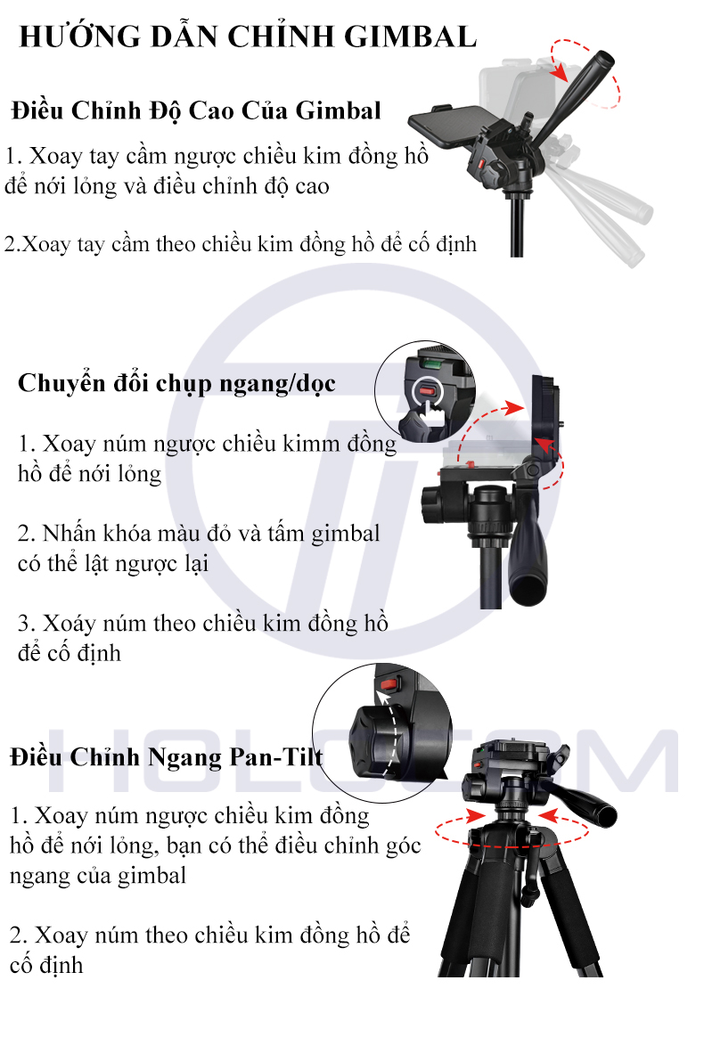 Mô tả Tripod Điện Thoại 1.8m Kiêm Chân Máy Ảnh 360 Độ Chắc Chắn, Điều Chỉnh Cao Thấp, Dùng Để Chụp Ảnh Quay Phim - HOLOCOM - 3