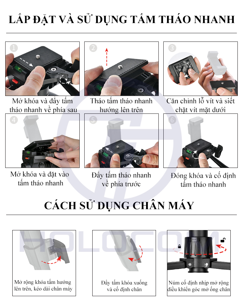 Mô tả Tripod Điện Thoại 1.8m Kiêm Chân Máy Ảnh 360 Độ Chắc Chắn, Điều Chỉnh Cao Thấp, Dùng Để Chụp Ảnh Quay Phim - HOLOCOM - 4