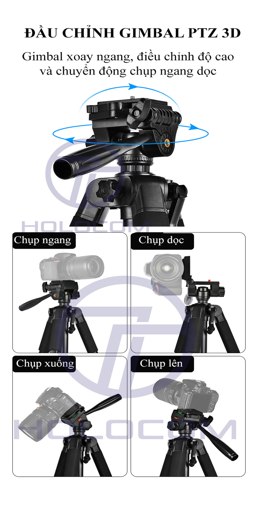 Mô tả Tripod Điện Thoại 1.8m Kiêm Chân Máy Ảnh 360 Độ Chắc Chắn, Điều Chỉnh Cao Thấp, Dùng Để Chụp Ảnh Quay Phim - HOLOCOM - 1