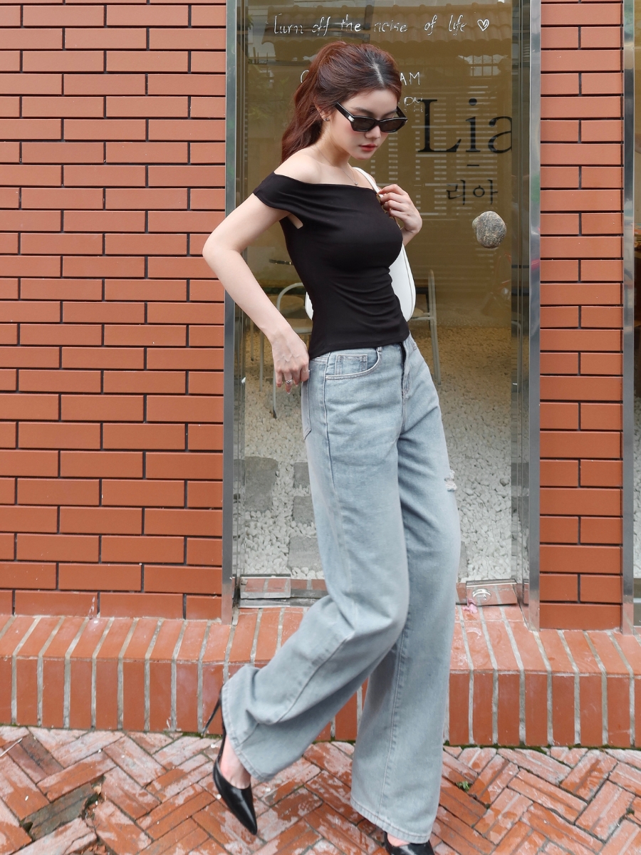 Mô tả Quần jean nữ ống suông rộng rách đùi nhẹ TiQi Jeans B404 - 2