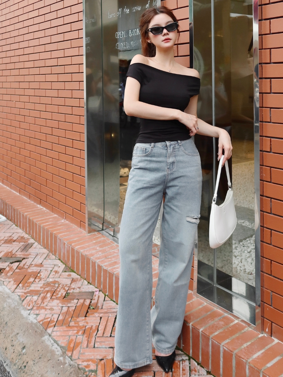 Mô tả Quần jean nữ ống suông rộng rách đùi nhẹ TiQi Jeans B404 - 3