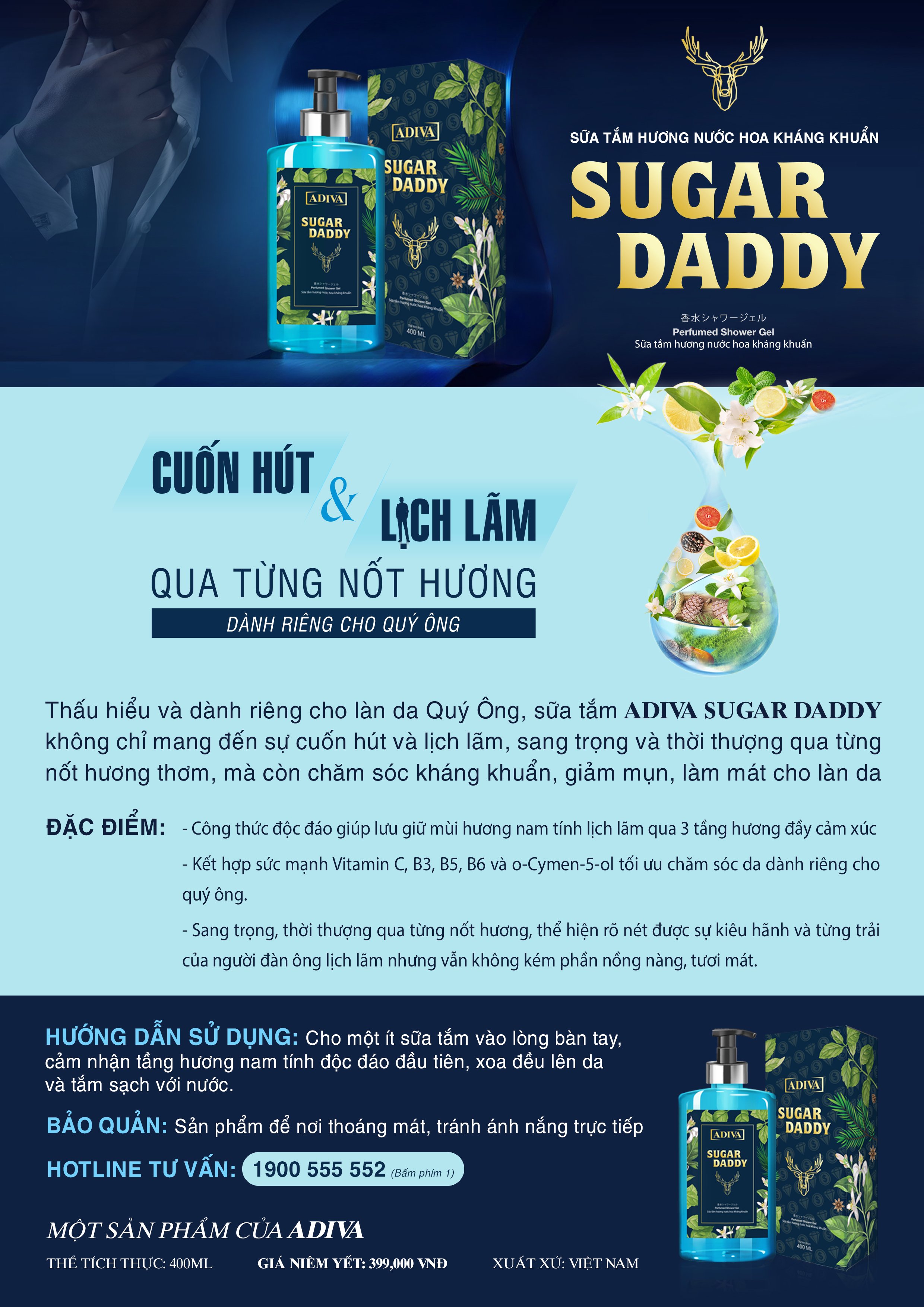 Mô tả Sữa Tắm  Hương Nước Hoa Kháng Khuẩn Cho Nam ADIVA Sugar Daddy 400ml - 2
