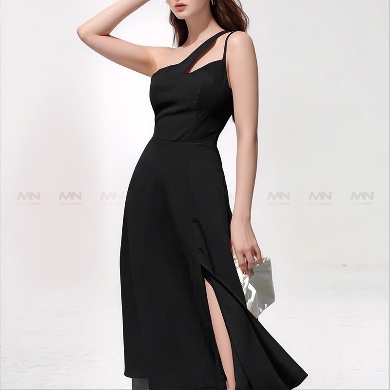 Mô tả Đầm dự tiệc MINA xẻ đùi midi xoè màu đen thiết kế chéo vai chất liệu Cotton lạnh mịn quyến rũ MN188 - 3