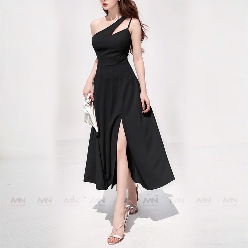 Mô tả Đầm dự tiệc MINA xẻ đùi midi xoè màu đen thiết kế chéo vai chất liệu Cotton lạnh mịn quyến rũ MN188 - 2