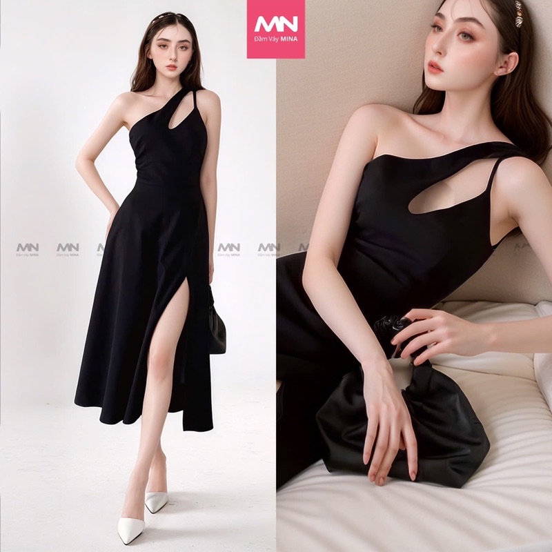 Mô tả Đầm dự tiệc MINA xẻ đùi midi xoè màu đen thiết kế chéo vai chất liệu Cotton lạnh mịn quyến rũ MN188 - 1