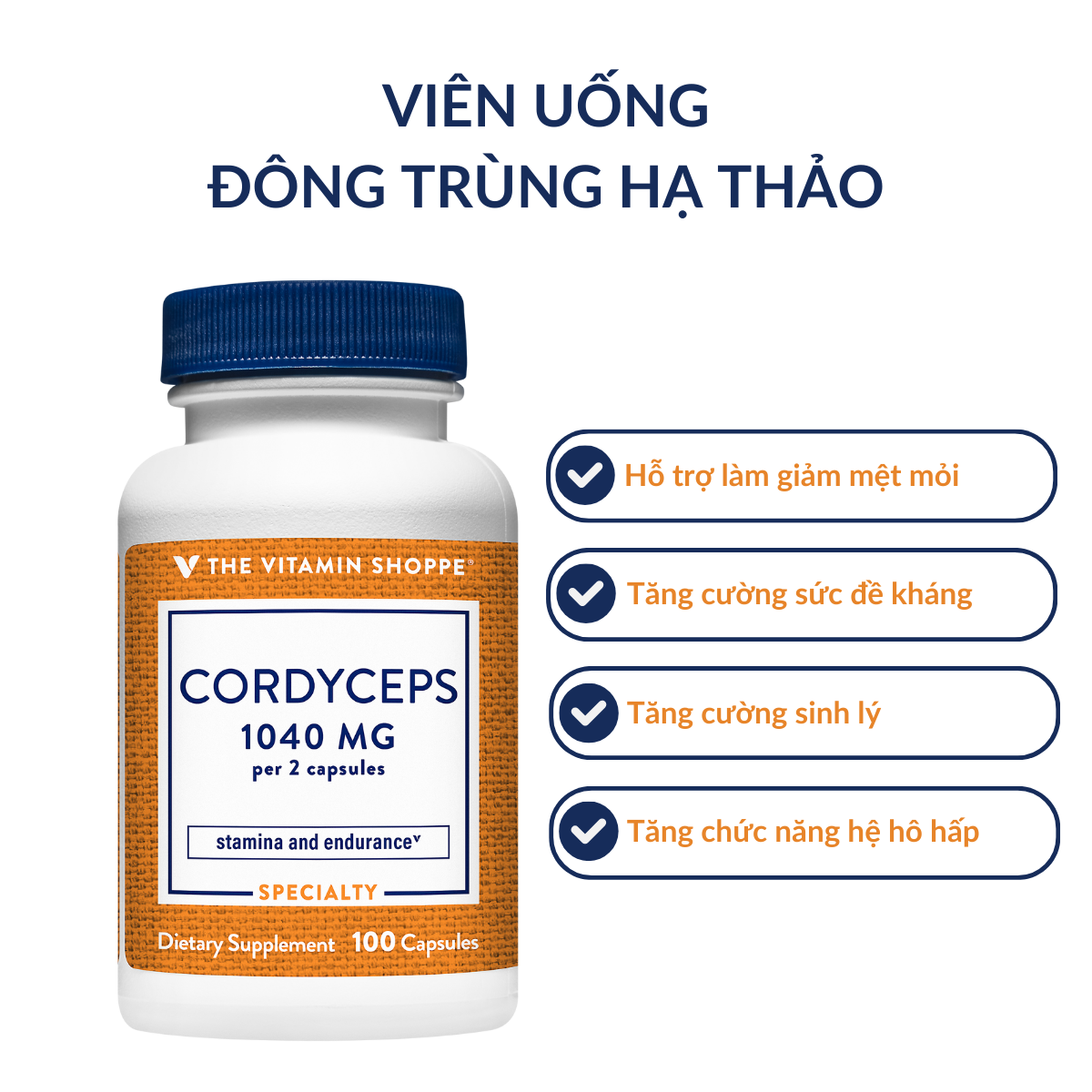 Mô tả Viên uống đông trùng hạ thảo THE VITAMIN SHOPPE Cordyceps 1040 MG tăng sức đề kháng 100 viên - 1