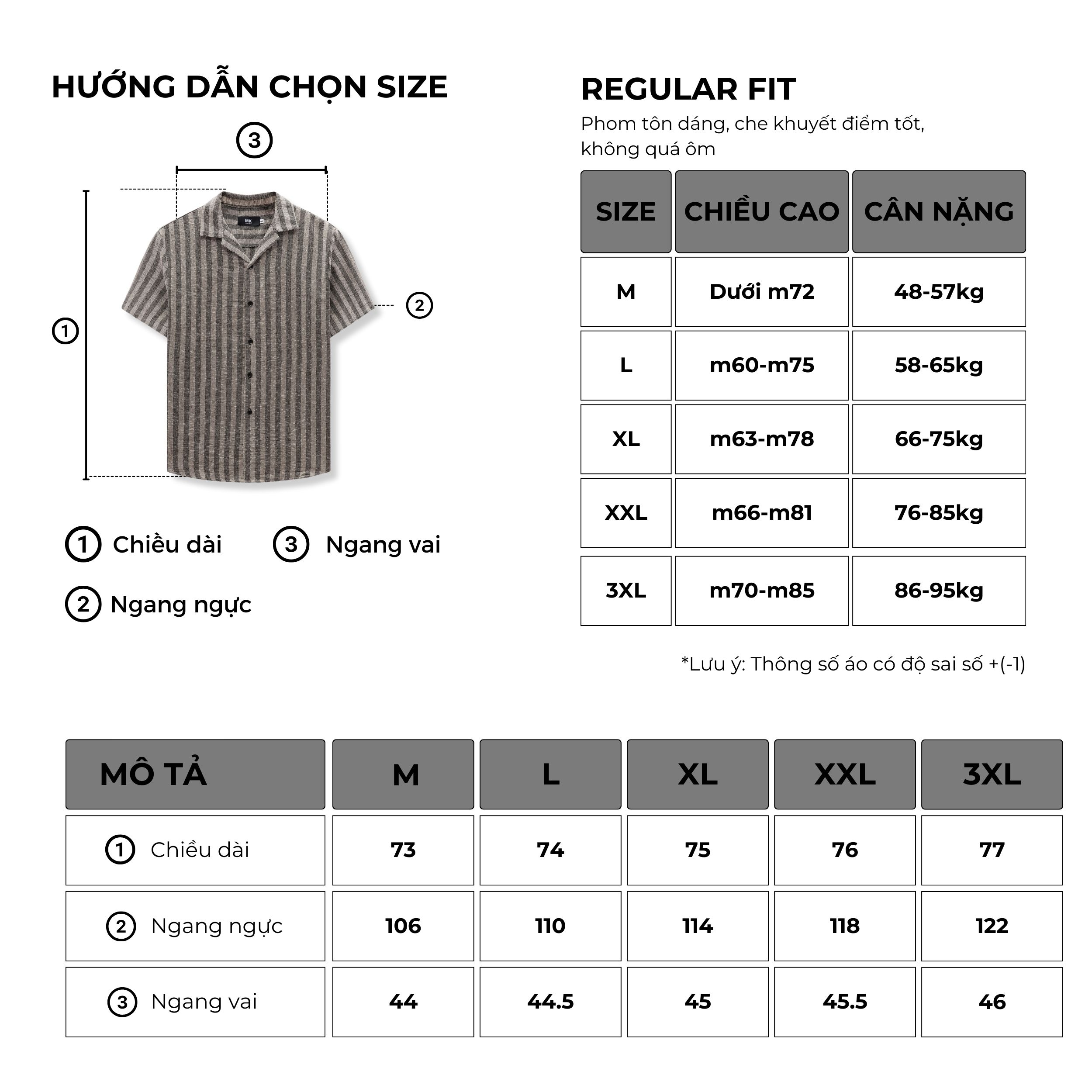 Bảng size áo sơ mi nam MK CLEVER