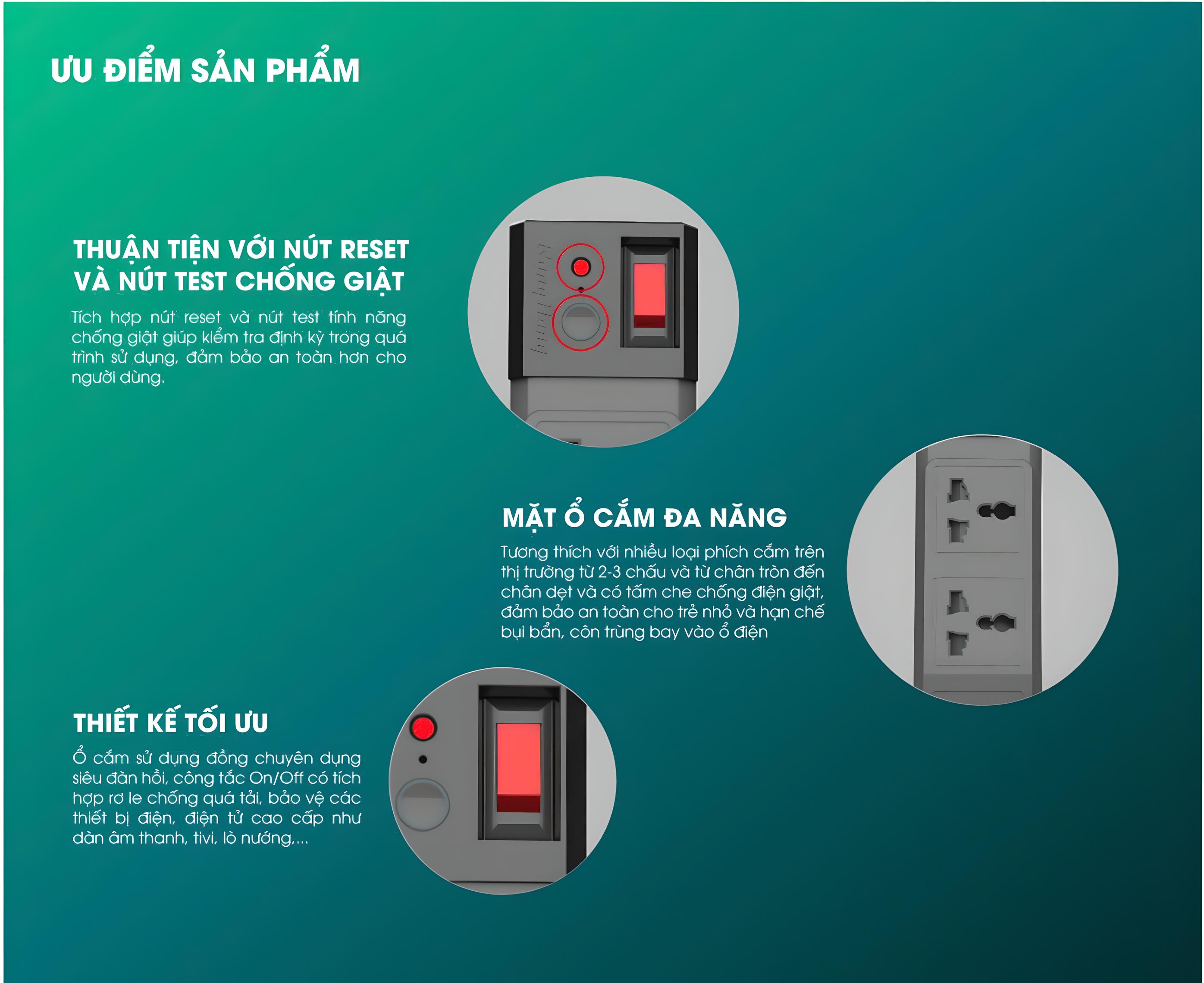 Mô tả Ổ Cắm Đa Năng Chống Giật Dây 3M/5M Tích Hợp Rơ Le Tự Ngắt Rạng Đông - Model: OC04 4C/3M/10A - 4