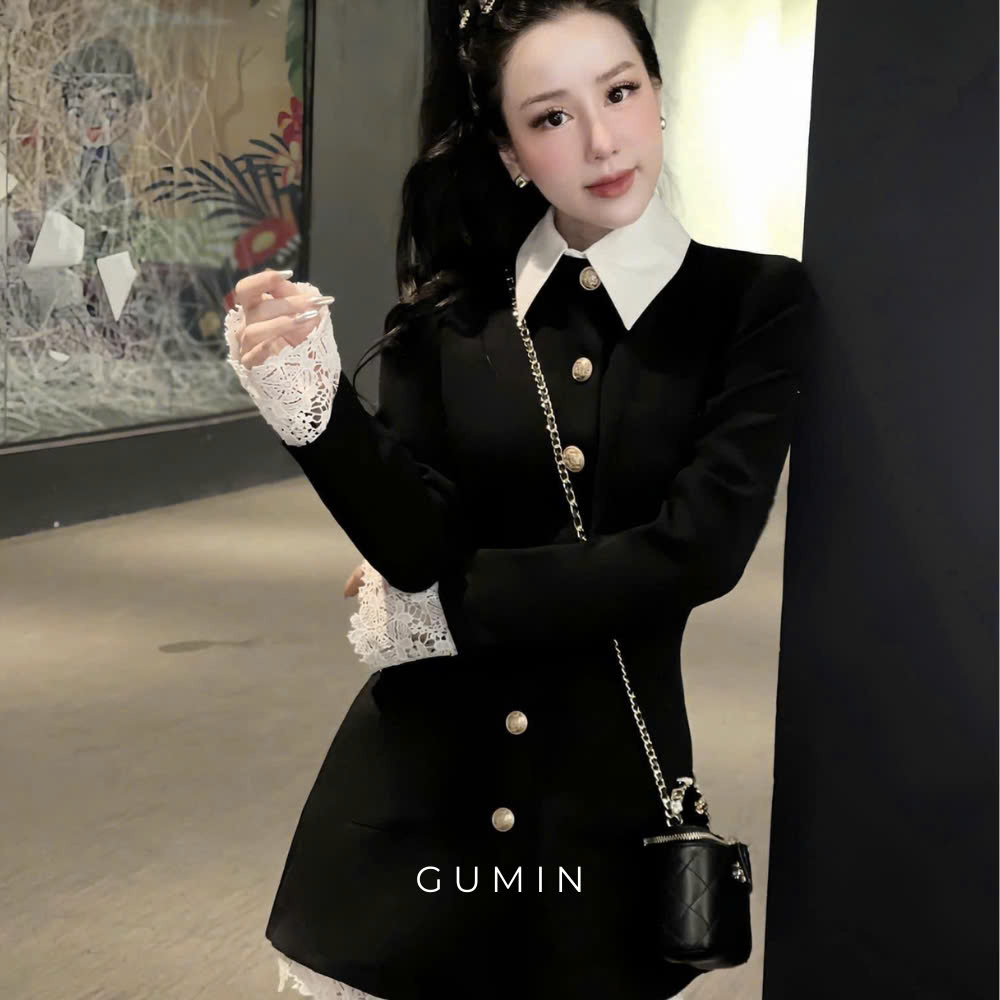 Đầm sơ mi dạ GUMIN thiết kế phối cổ đức có đệm vai khuy đồng kèm viền ...