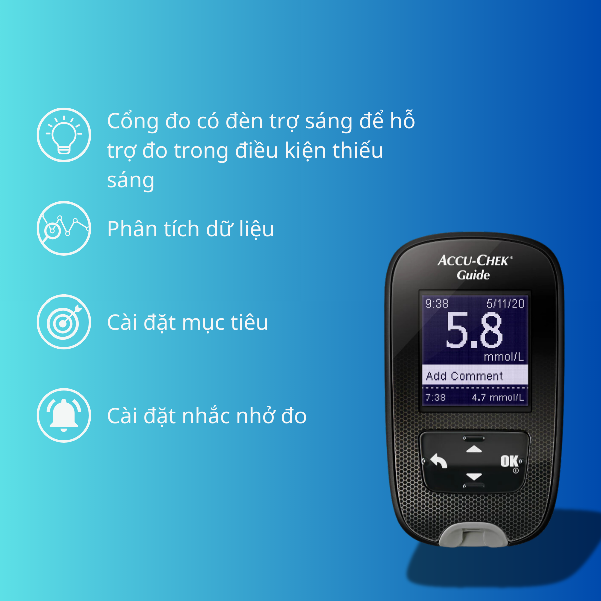 Mô tả Máy đo đường huyết ACCU – CHEK Guide – Màn hình hiển thị sắc nét - Hỗ trợ đo ban đêm – Nút đẩy que - 1