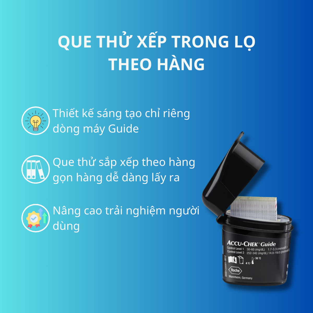 Mô tả Máy đo đường huyết ACCU – CHEK Guide – Màn hình hiển thị sắc nét - Hỗ trợ đo ban đêm – Nút đẩy que - 3