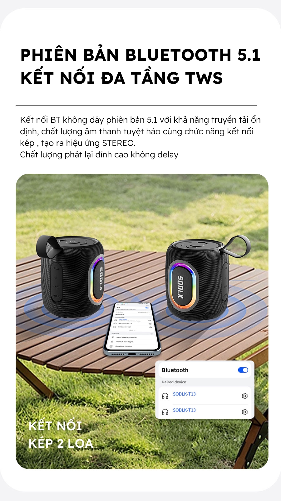 Mô tả Loa Bluetooth không dây SODLK T13 Công Suất 15W | Bluetooth 5.1 | Chống Nước IPX67 | BẢO HÀNH 12 Tháng - 8