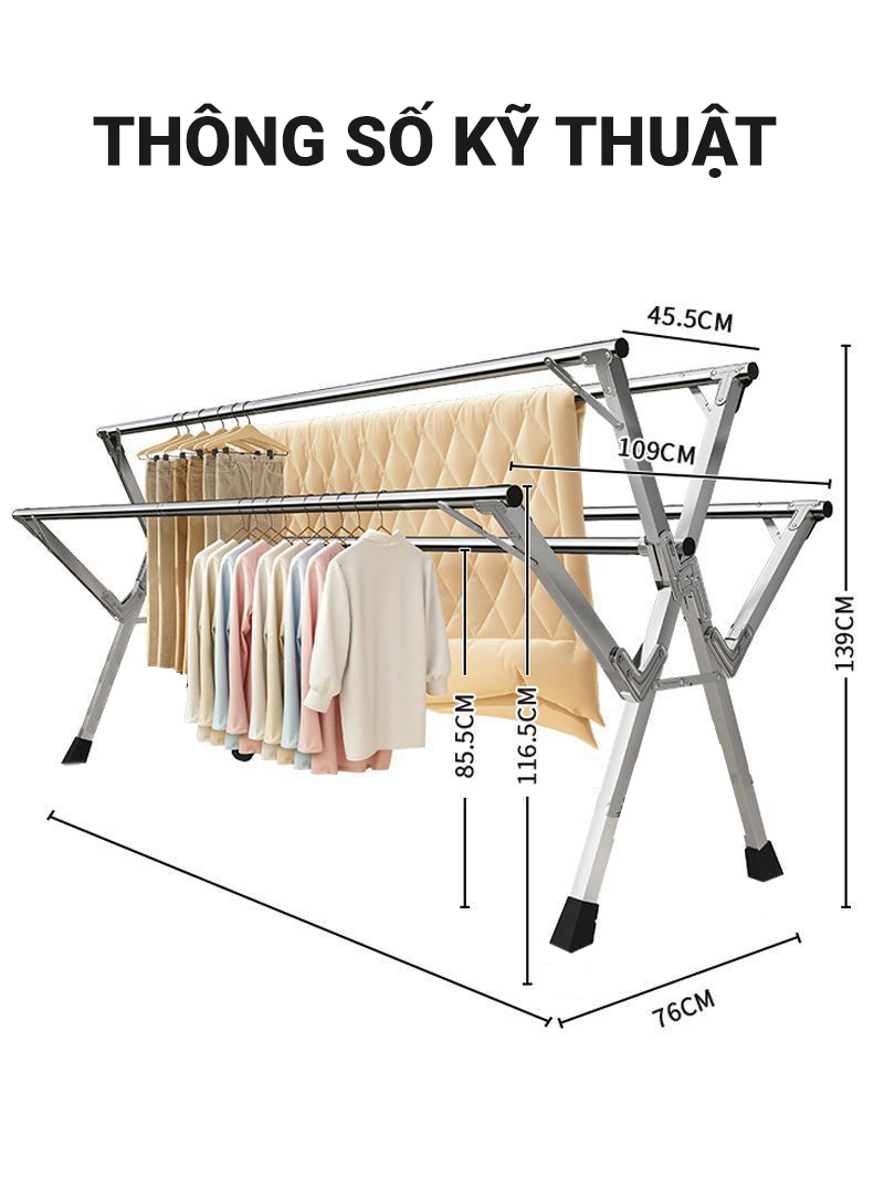 Mô tả Sào phơi quần áo gấp gọn AVOHOME 5 thanh chính hãng loại giàn phơi treo quần áo cho gia đình - 2