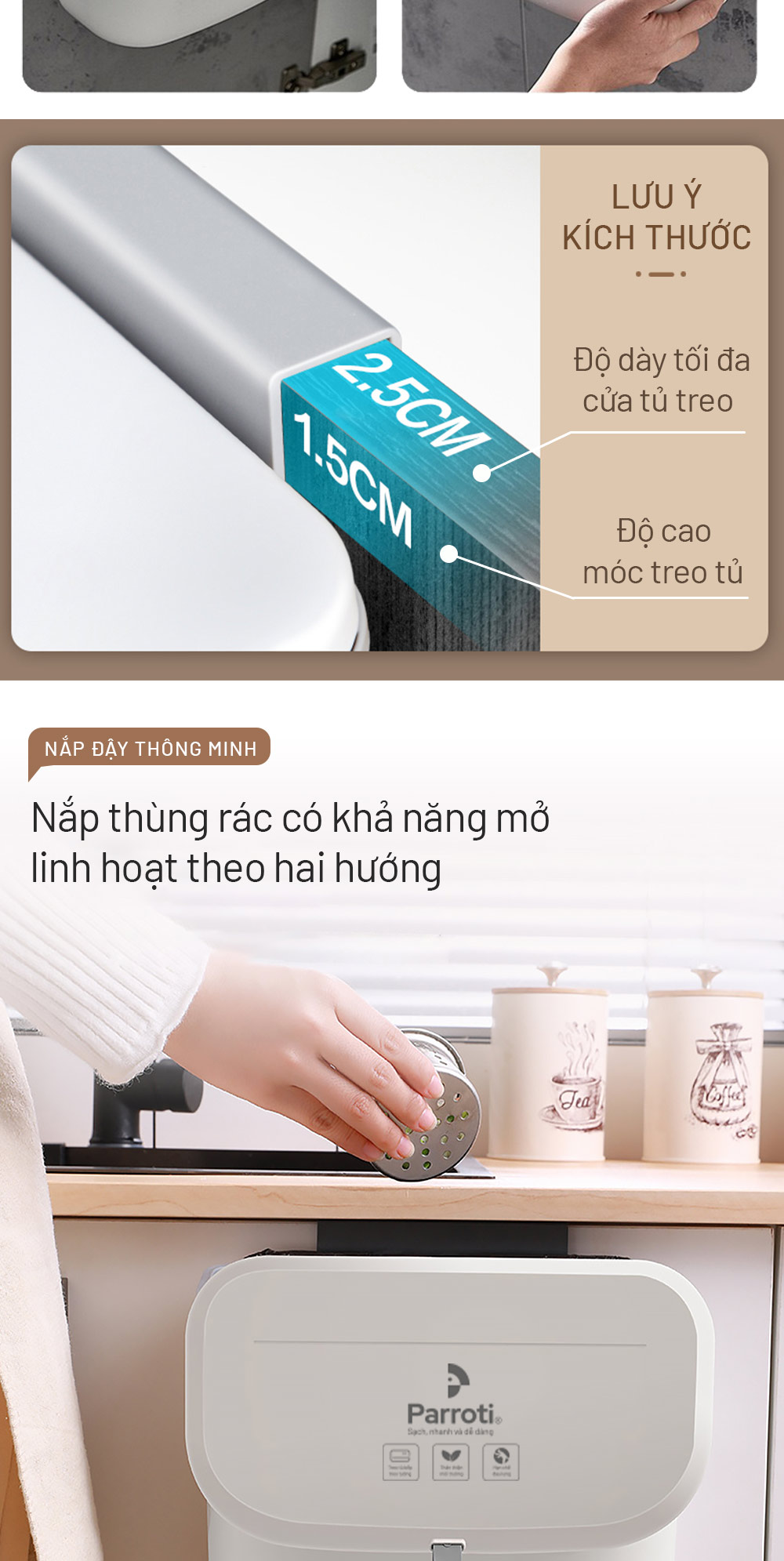 Tính năng nắp thùng rác Parroti Bin BN02