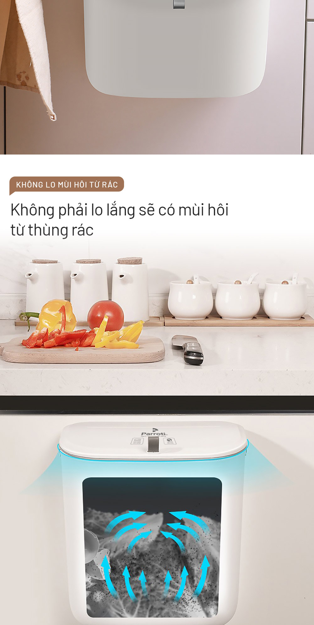 Mô tả Thùng rác treo tủ bếp, thùng rác nhà tắm dán tường, có nắp đậy thông minh - Parroti Bin BN02 - 5