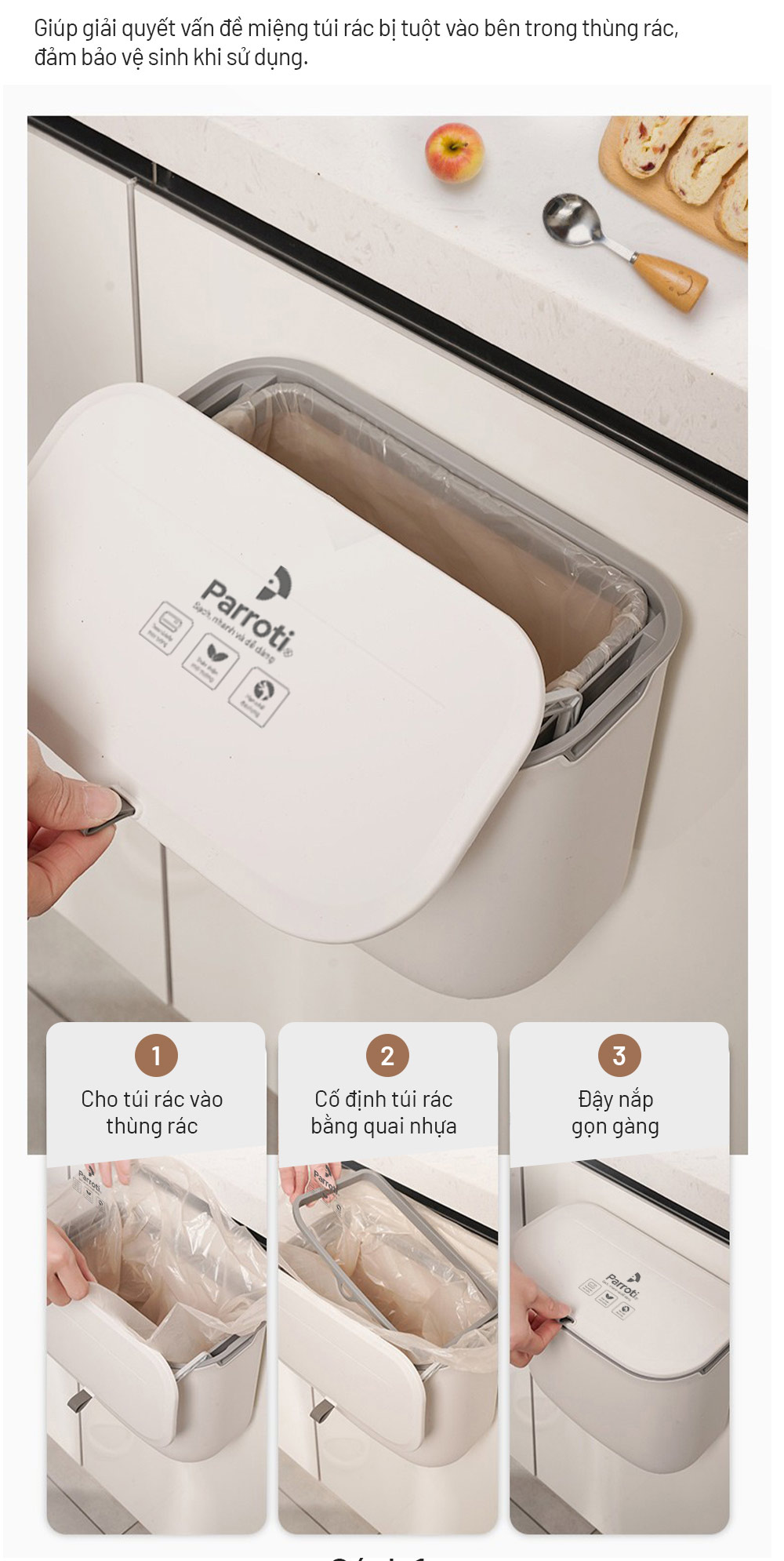 Mô tả Thùng rác treo tủ bếp, thùng rác nhà tắm dán tường, có nắp đậy thông minh - Parroti Bin BN02 - 8
