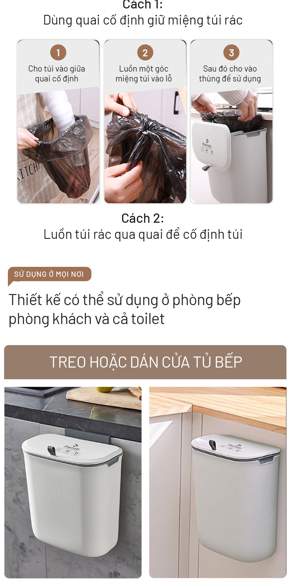 Mô tả Thùng rác treo tủ bếp, thùng rác nhà tắm dán tường, có nắp đậy thông minh - Parroti Bin BN02 - 9