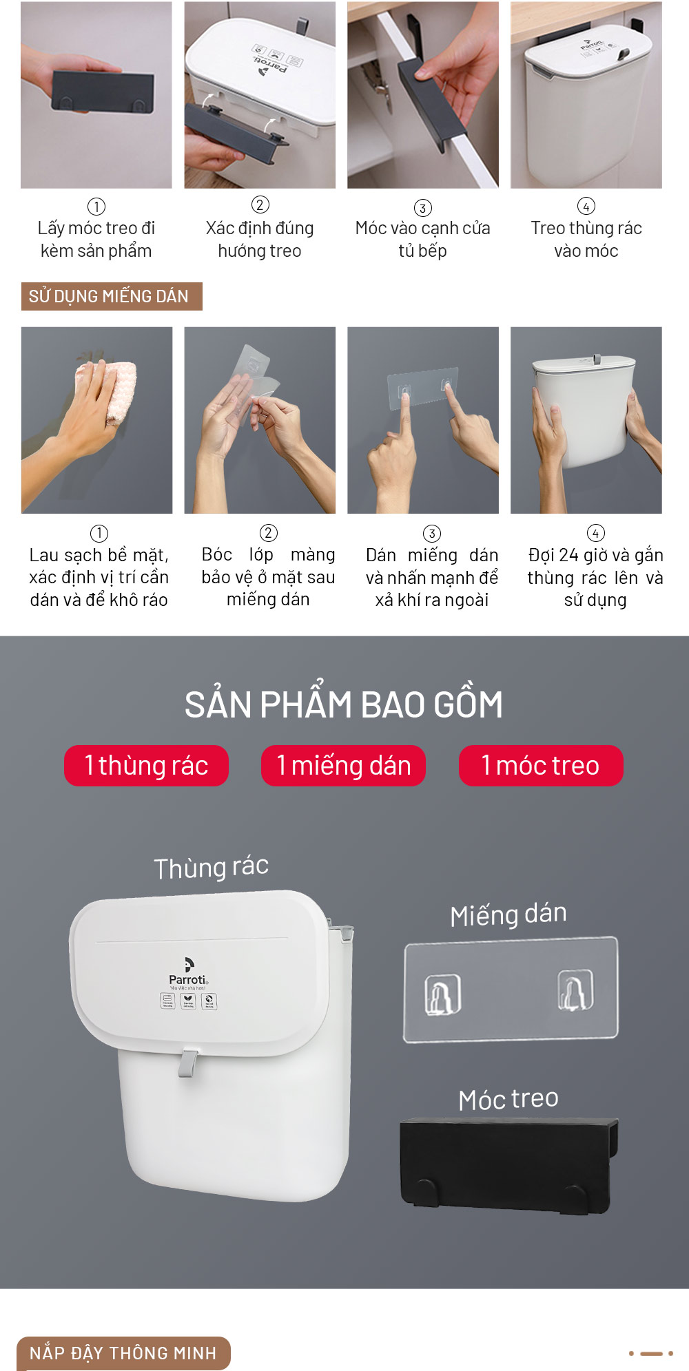 Mô tả Thùng rác treo tủ bếp, thùng rác nhà tắm dán tường, có nắp đậy thông minh - Parroti Bin BN02 - 11