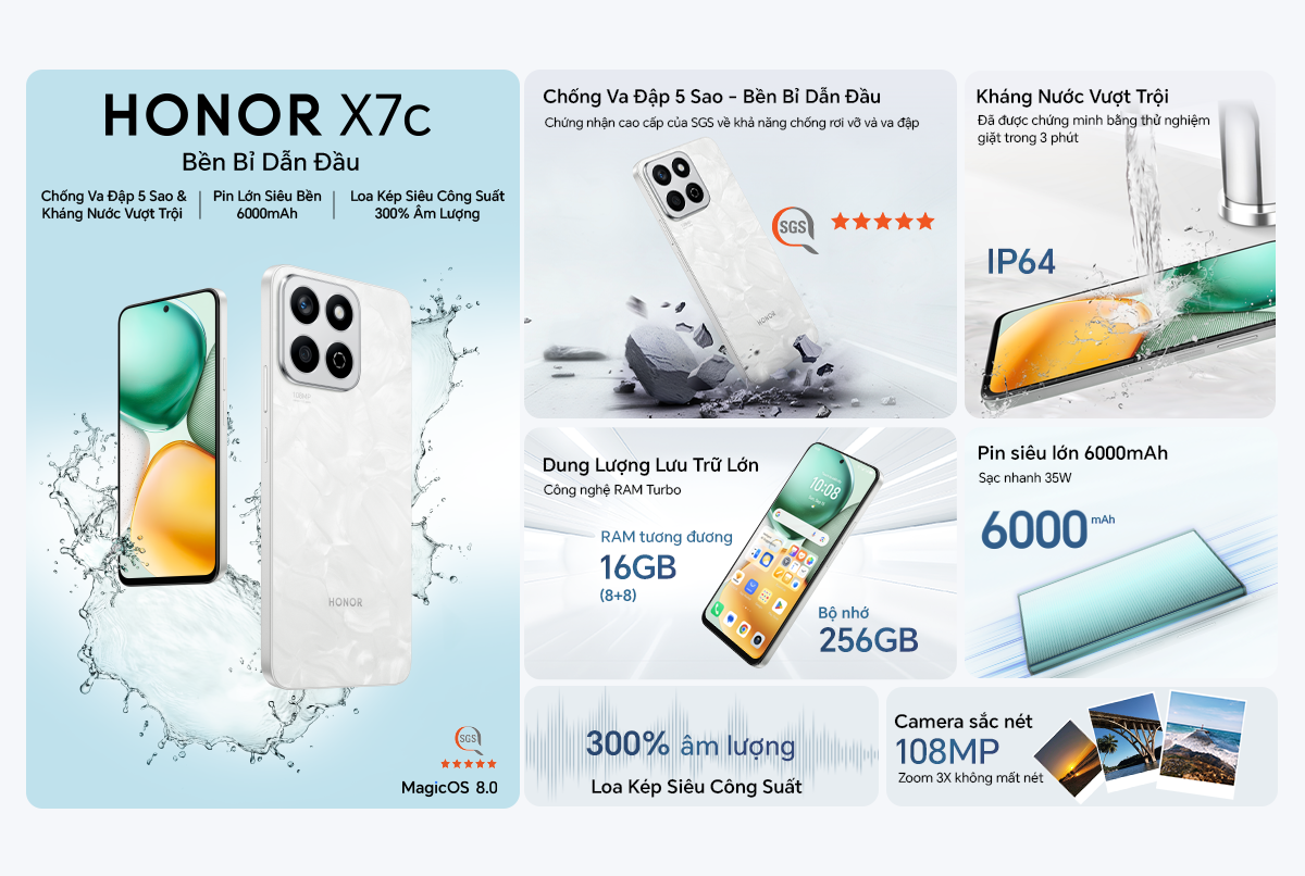 Mô tả Điện thoại di động HONOR X7c 8GB + 256GB | Pin 6000mAh | Camera 108MP| Loa kép | Kháng nước IP64 - 1