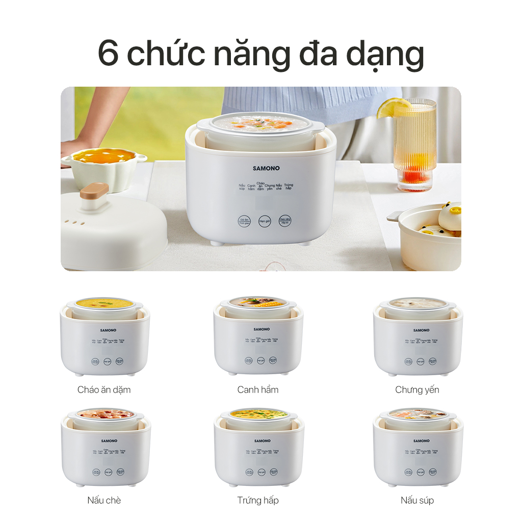 Mô tả Nồi nấu chậm đa năng 1L Samono SW-SC10, kèm lồng hấp,thố sứ,hẹn giờ, Nấu Cháo, Chưng Yến, hầm, giữ nhiệt - 3