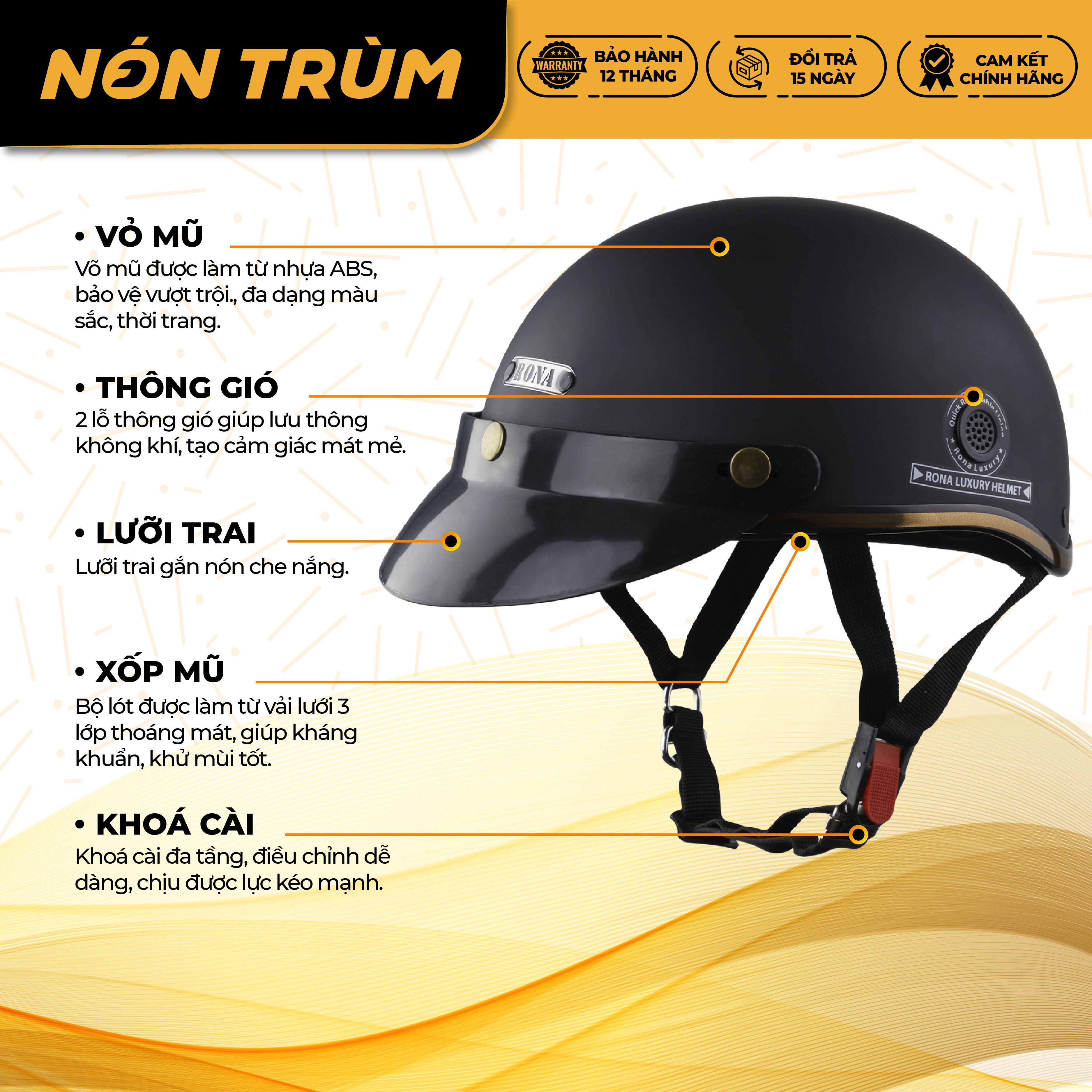 Mô tả Mũ bảo hiểm nửa đầu RONA haly luxury kèm kính phi công đồng chính hãng freeship bảo hành 12 tháng - 1