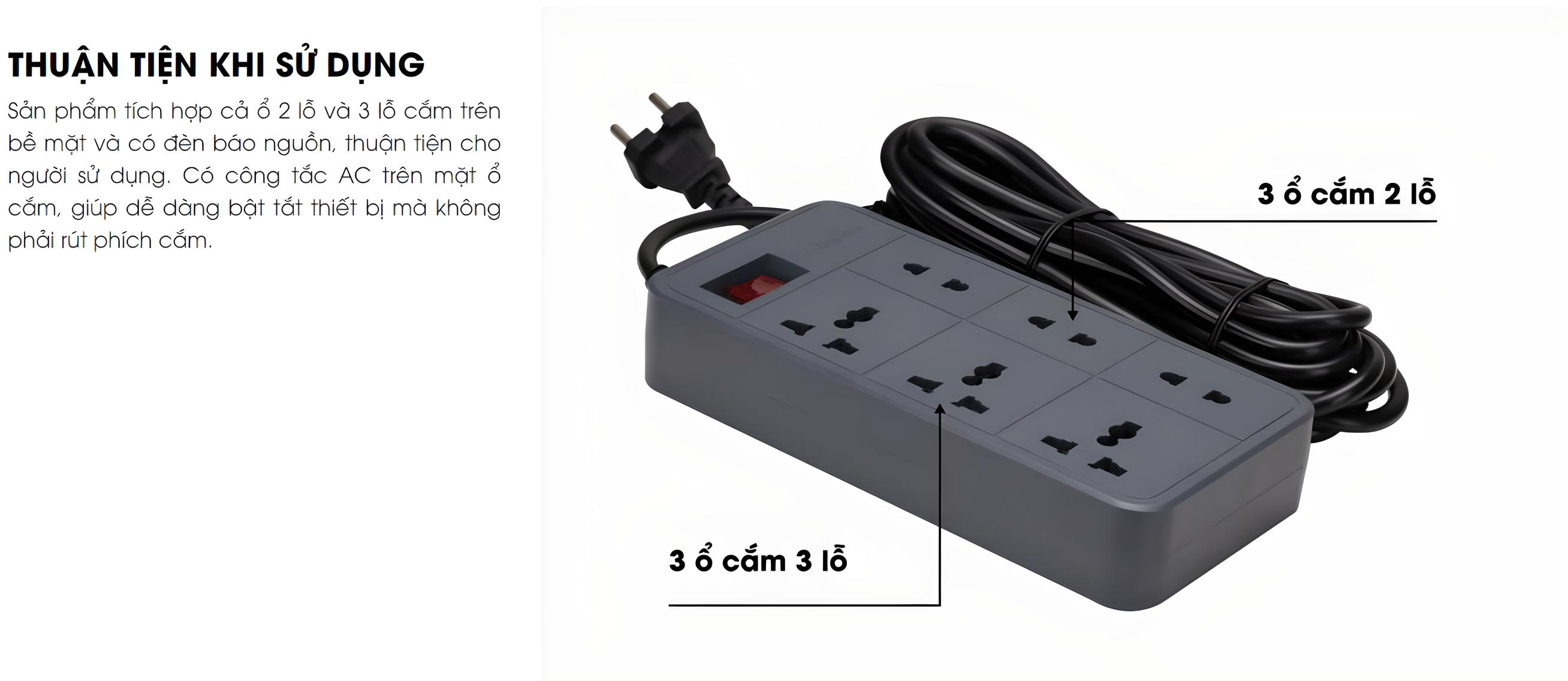 Mô tả Ổ cắm đa năng kéo dài nhiều ổ dây 2M và 5M Rạng Đông - Model: OC06.V2 6C/2M/10A - 3