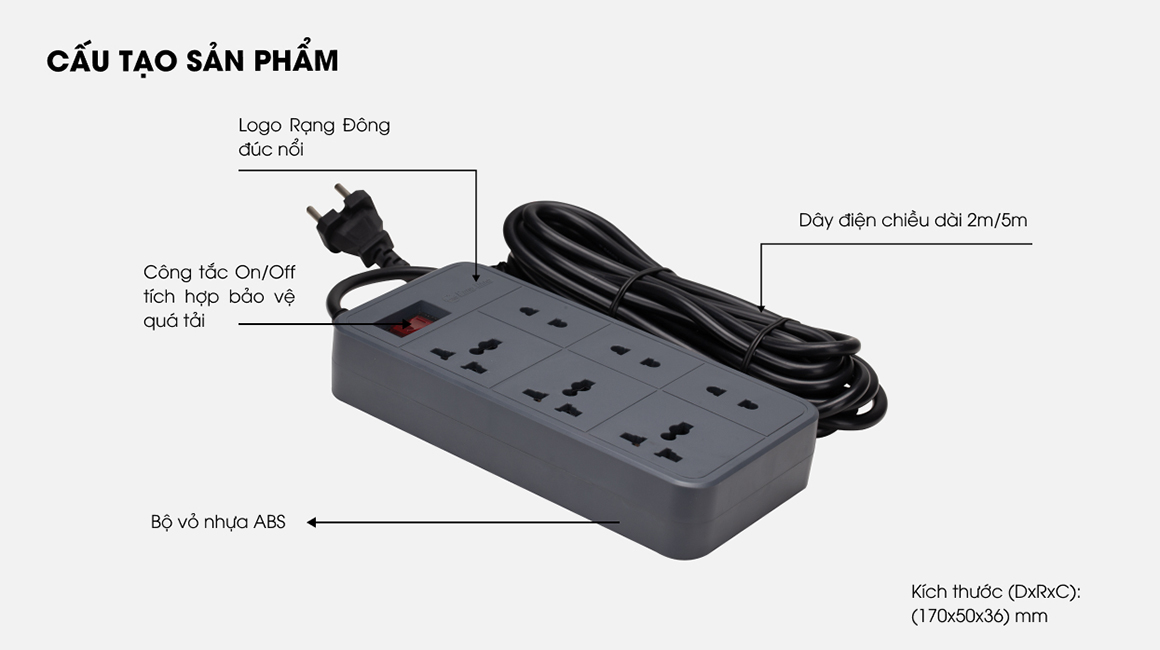 Mô tả Ổ cắm đa năng kéo dài nhiều ổ dây 2M và 5M Rạng Đông - Model: OC06.V2 6C/2M/10A - 5