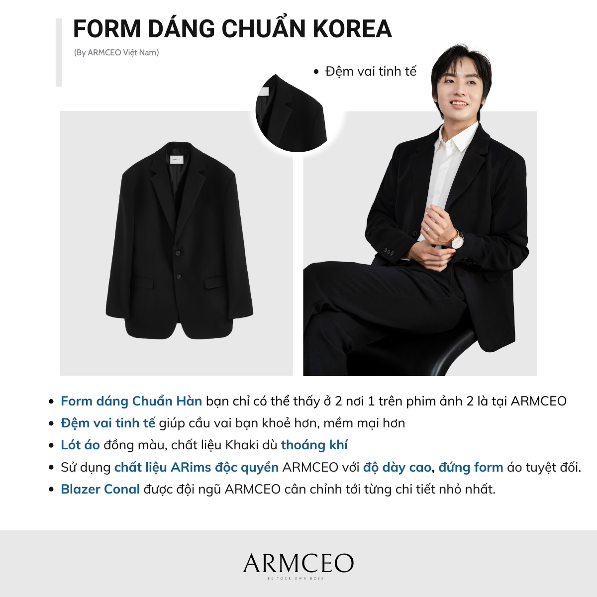 Mô tả Áo khoác blazer nam quốc dân ARMCEO Conal 3 lớp có đệm vai cao cấp chất liệu Arims độc quyền dày dặn -B01 - 3
