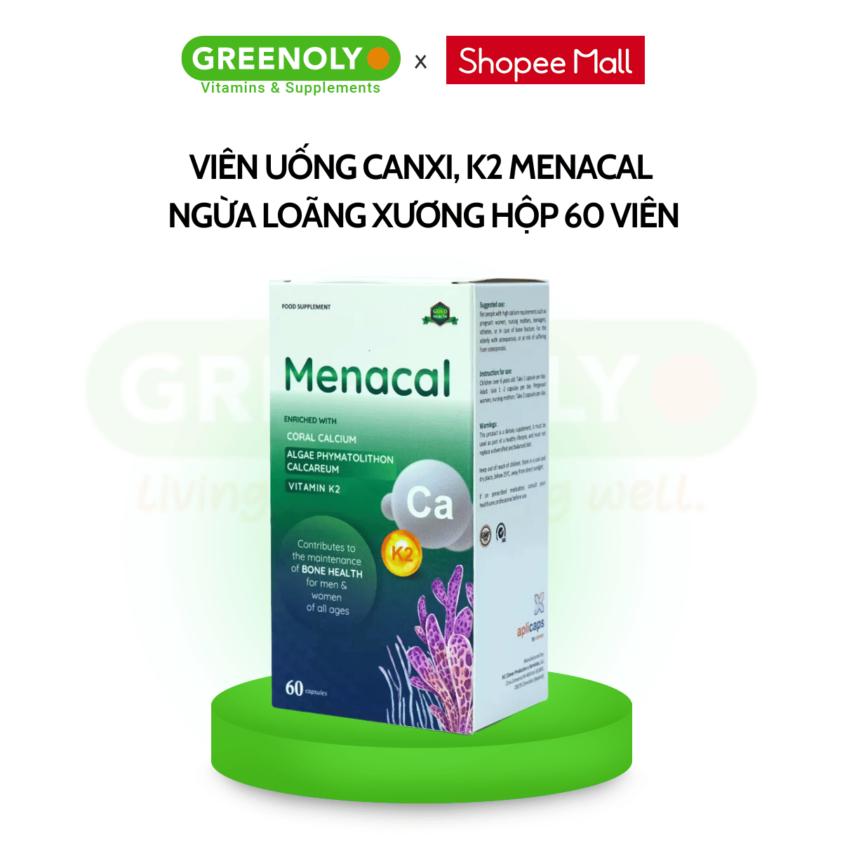 Mô tả Viên uống Canxi EU tảo biển Aplicaps Menacal bổ sung Canxi, vitamin K2 và D3 hộp 60 viên - 1