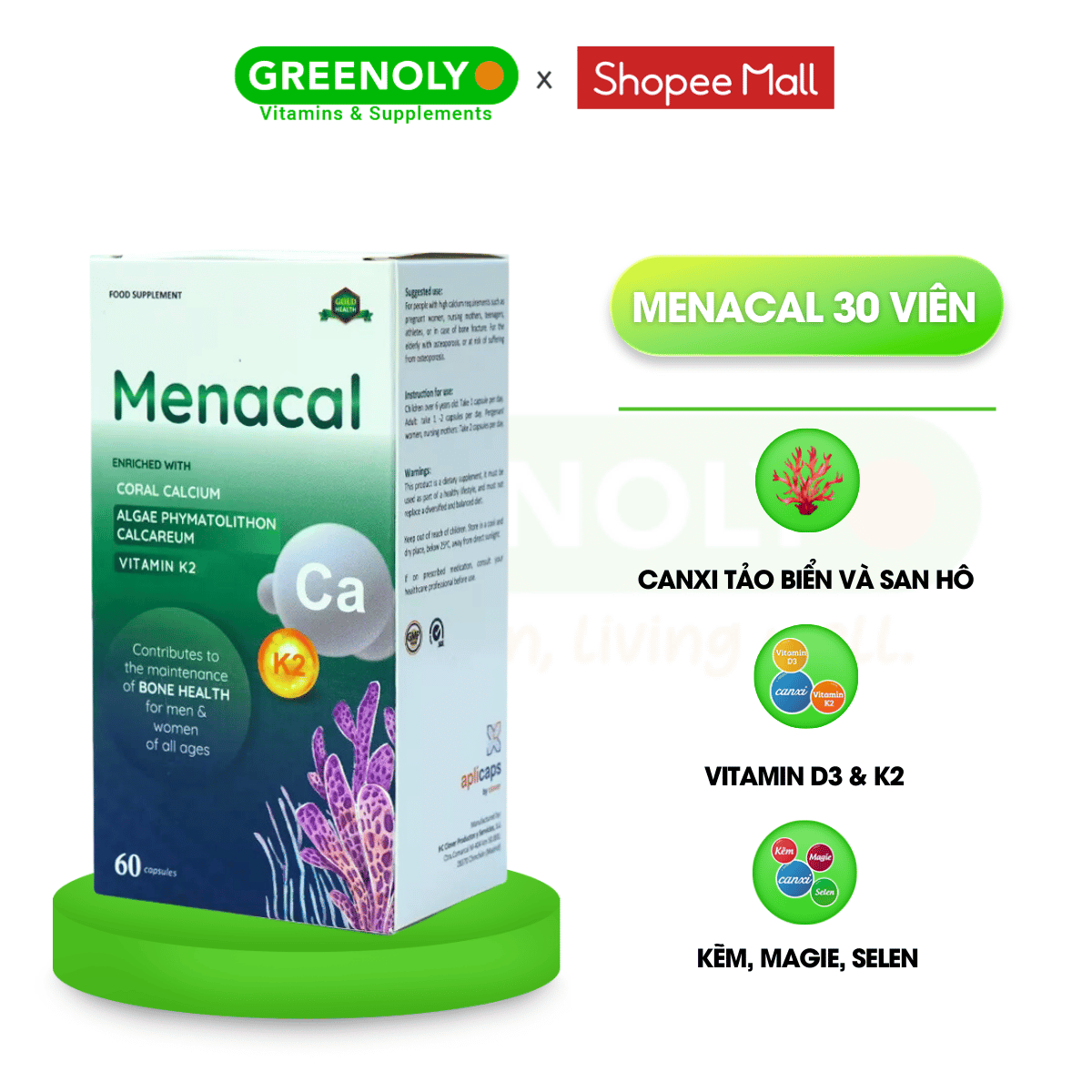 Mô tả Viên uống Canxi EU tảo biển Aplicaps Menacal bổ sung Canxi, vitamin K2 và D3 hộp 60 viên - 2